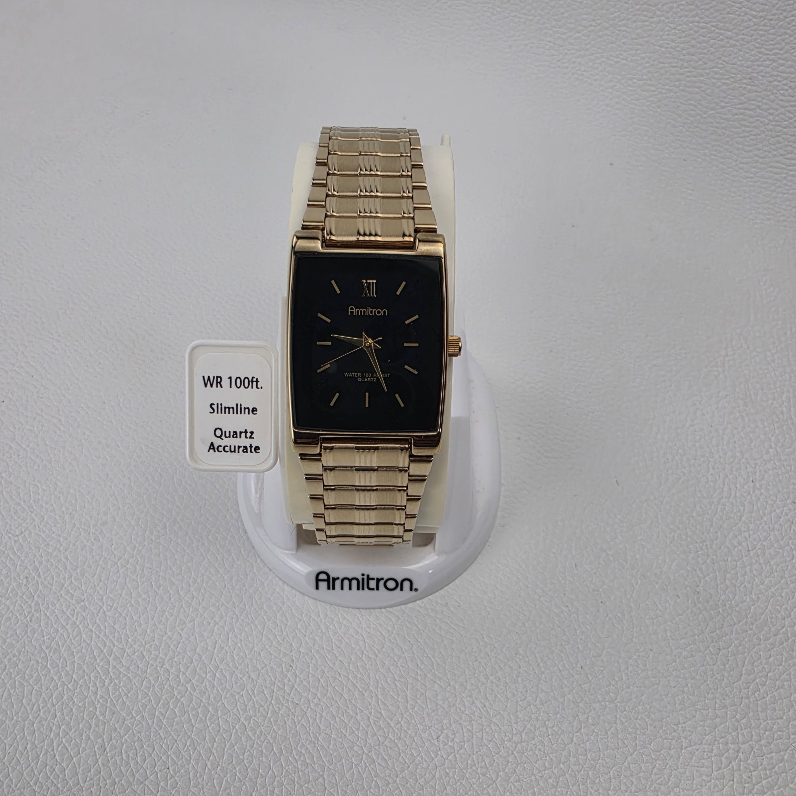 Armitron 20 / 1576 Gold Tone Rectangle Quartz Watch Black Dial Stretch Band NOS
