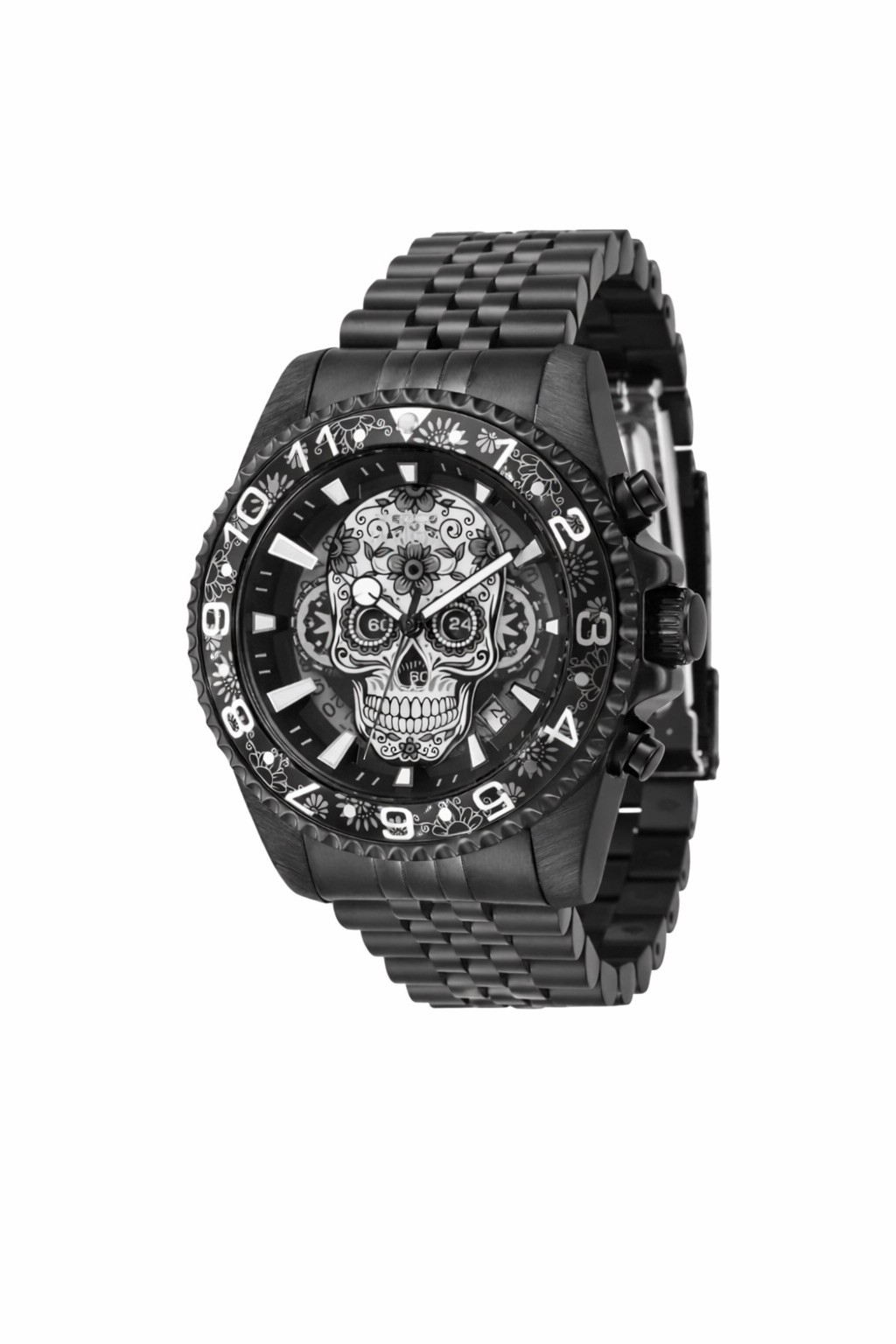 Invicta 43753 Dia De Los Muertos Men’s Black Skull Watch 43mm, jubilee bracelet