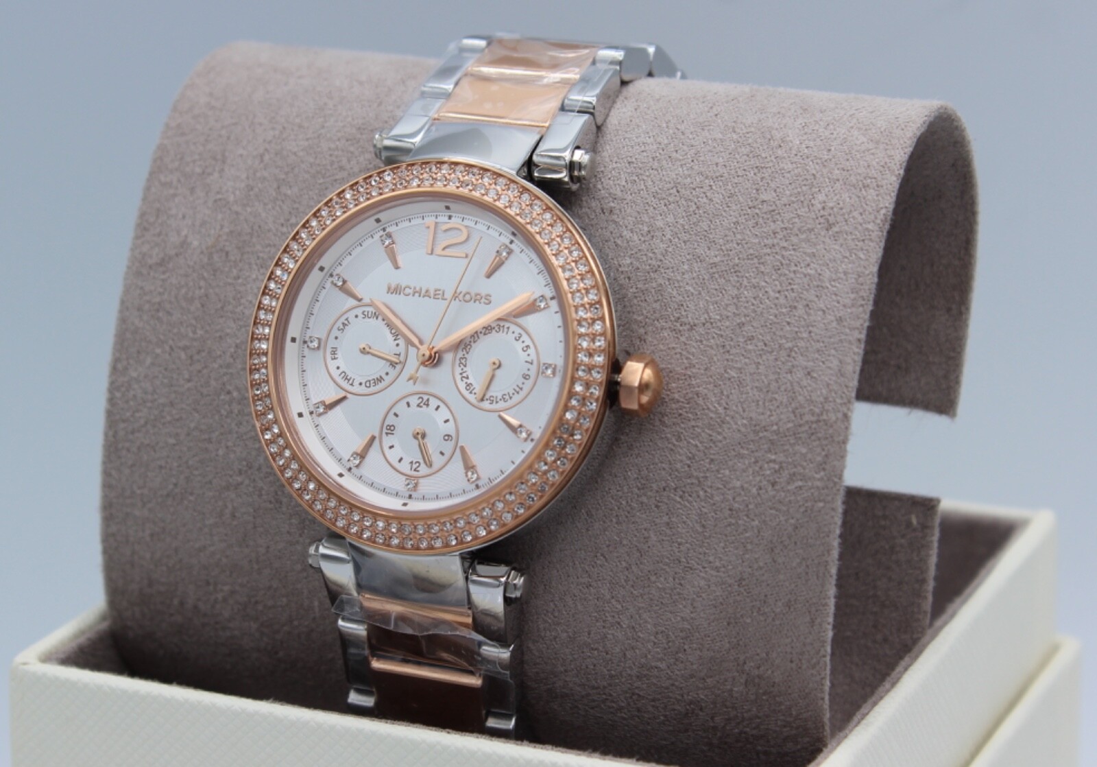 NEW AUTHENTIC MICHAEL KORS PARKER CHRONO SILVER ROSE GOLD MK6301 WOMEN’S WATCH