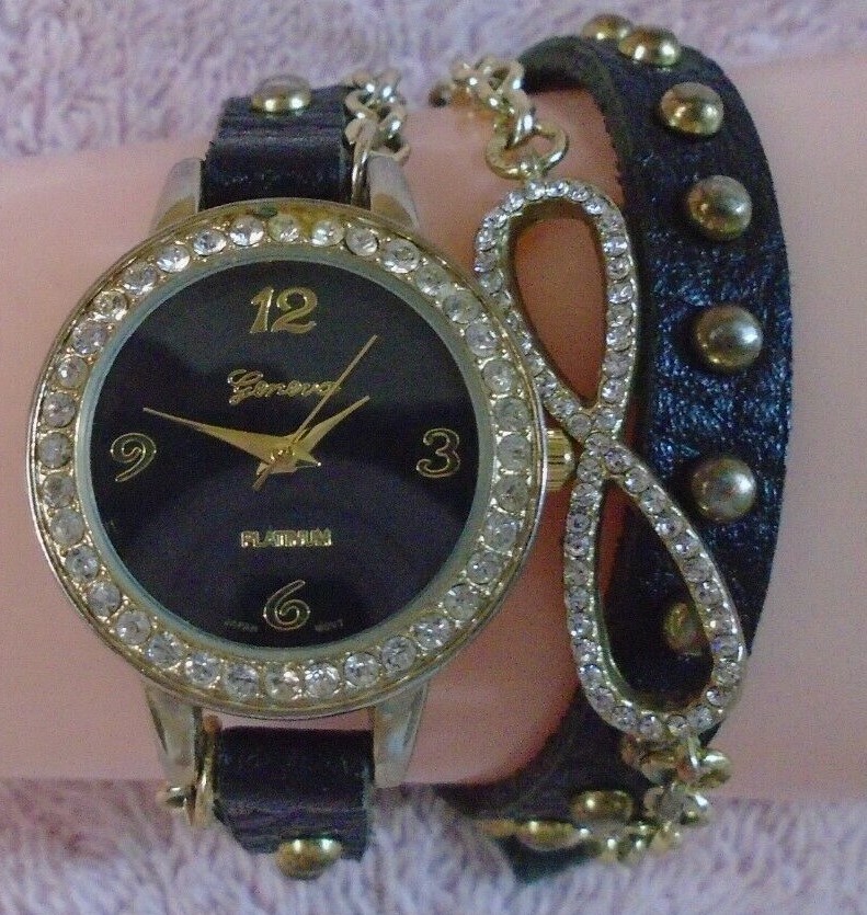 Geneva Quartz Watch Black Suede Wrap Around Strap with Gold Dots & Rhinestones +