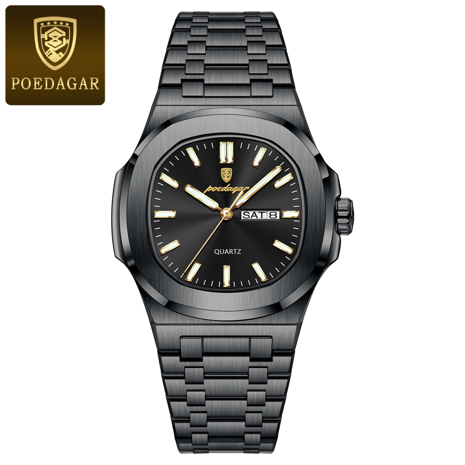 Men’s Luxury Square Dial Quartz Watch Stainless Steel Waterproof Luminous Date