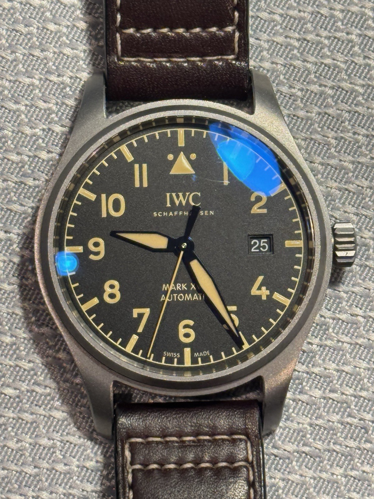 IWC Pilot’s Watch Mark XVIII Titanium Black Dial Date Brown Leather Strap