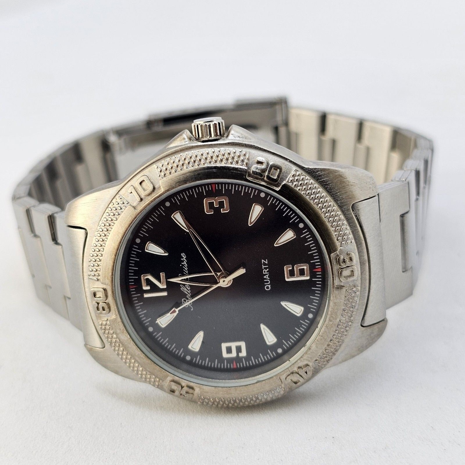 Belle Suisse 38MM Men’s Watch Black Dial Gray Band Mineral Crystal 8″ NewBattery