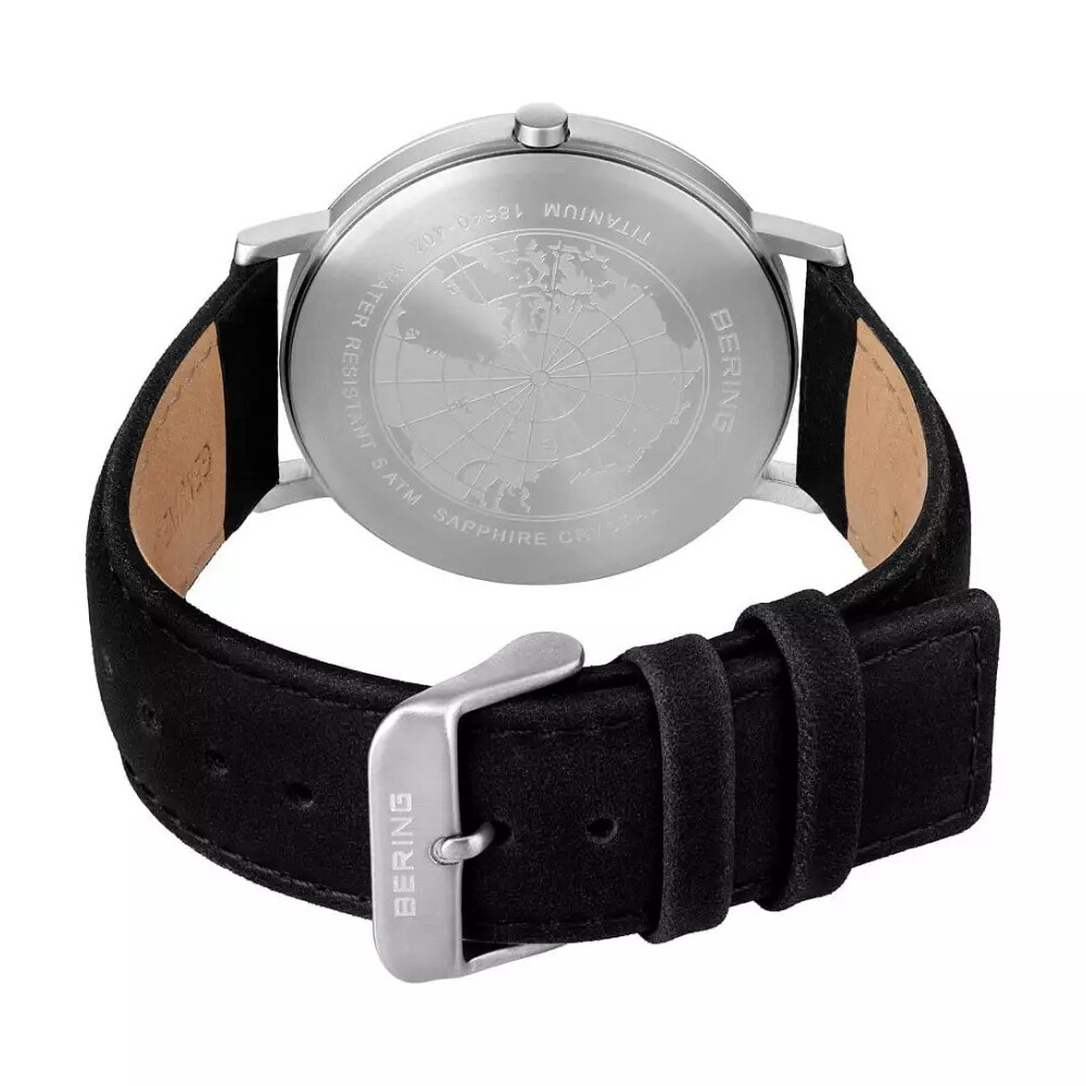 Bering Time Silver Titanium Case and Black Leather Strap Men’s Watch. 18640-402