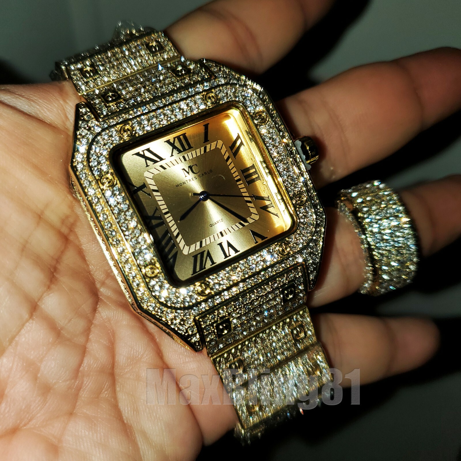 HIP HOP ICED GOLD PT LAB DIAMOND SQUARE BLING WATCH & FULL ICED RING COMBO SET