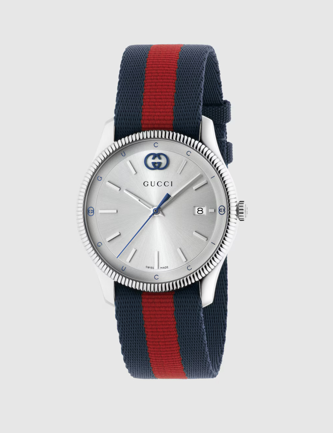 Gucci G-Timeless Silver Dial Blue and Red Nylon Strap Watch 38mm YA1264237