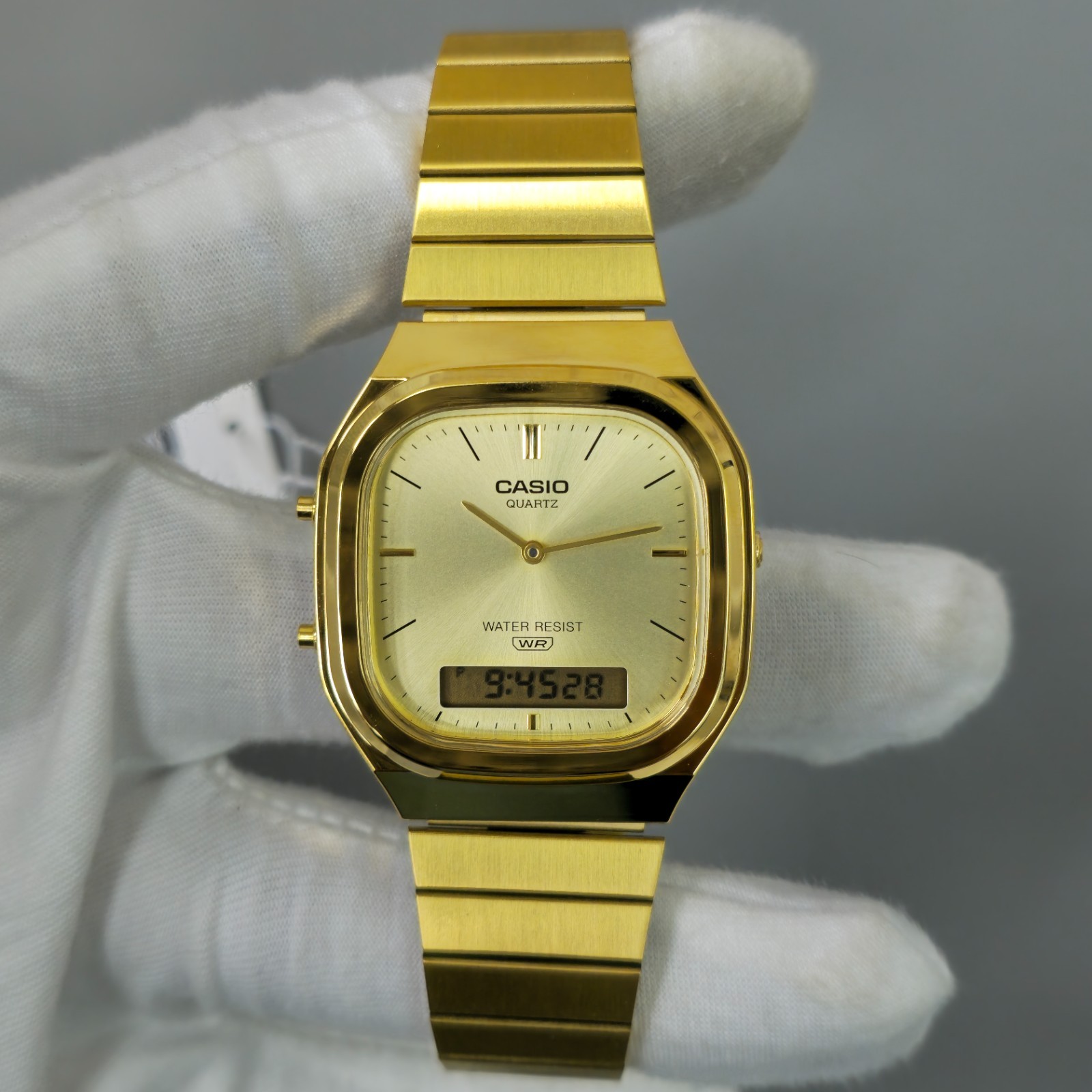Casio AQ‑240EG‑9A “AQ‑240 Series” 35.8mm Dual‑Display Gold Dial Men’s Watch