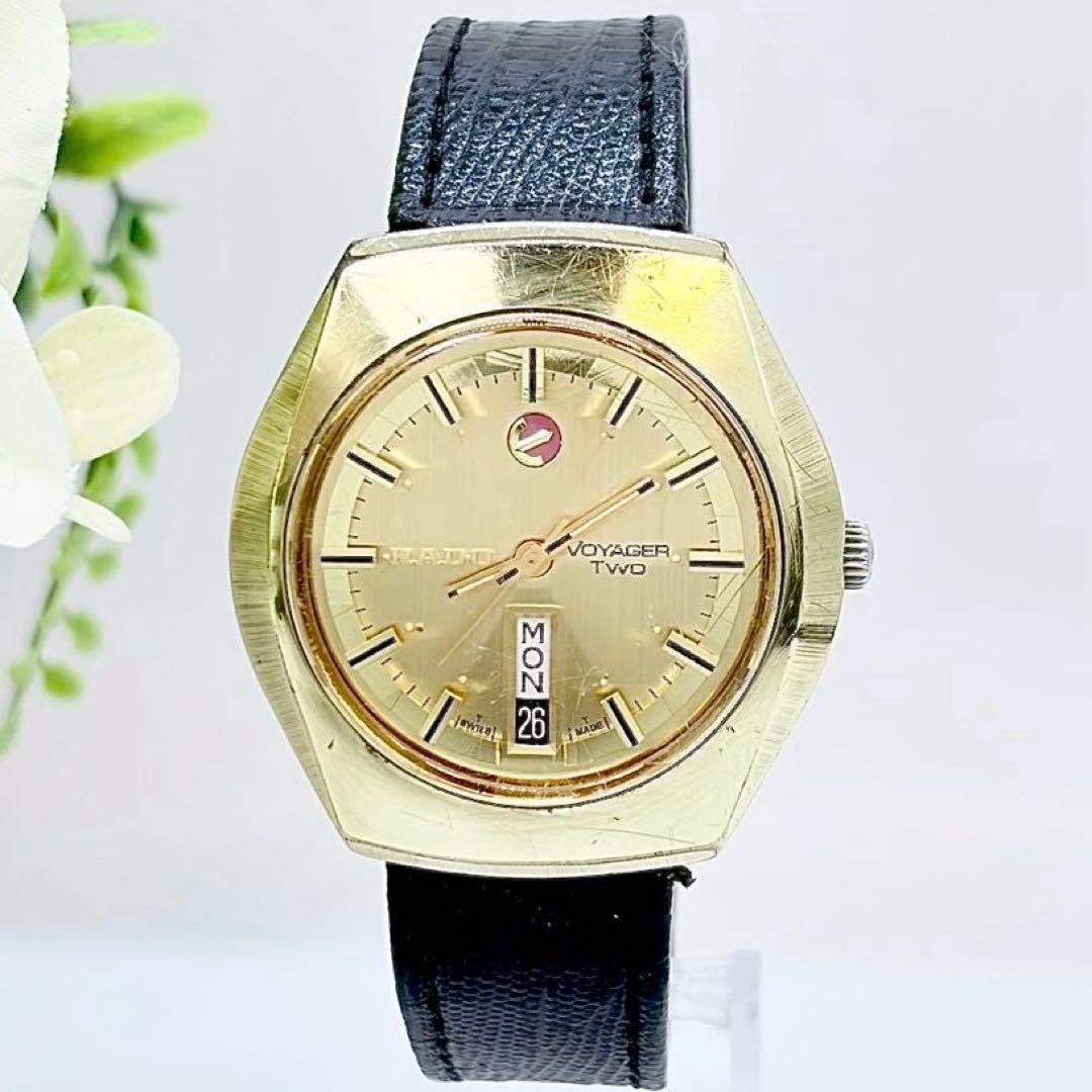 RADO VOYAGER TWO Automatic Wristwatch: Black Gold Dial 16.0 19.5cm Vintage