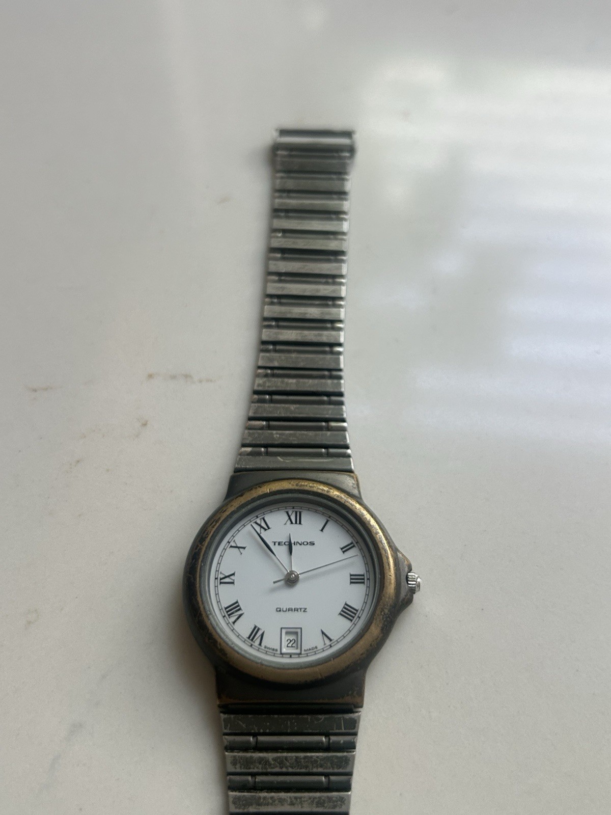 VINTAGE MEN’S TECHNOS ROMAN NUMERALS DATE ATM STAINLESS STEEL WRIST WATCH