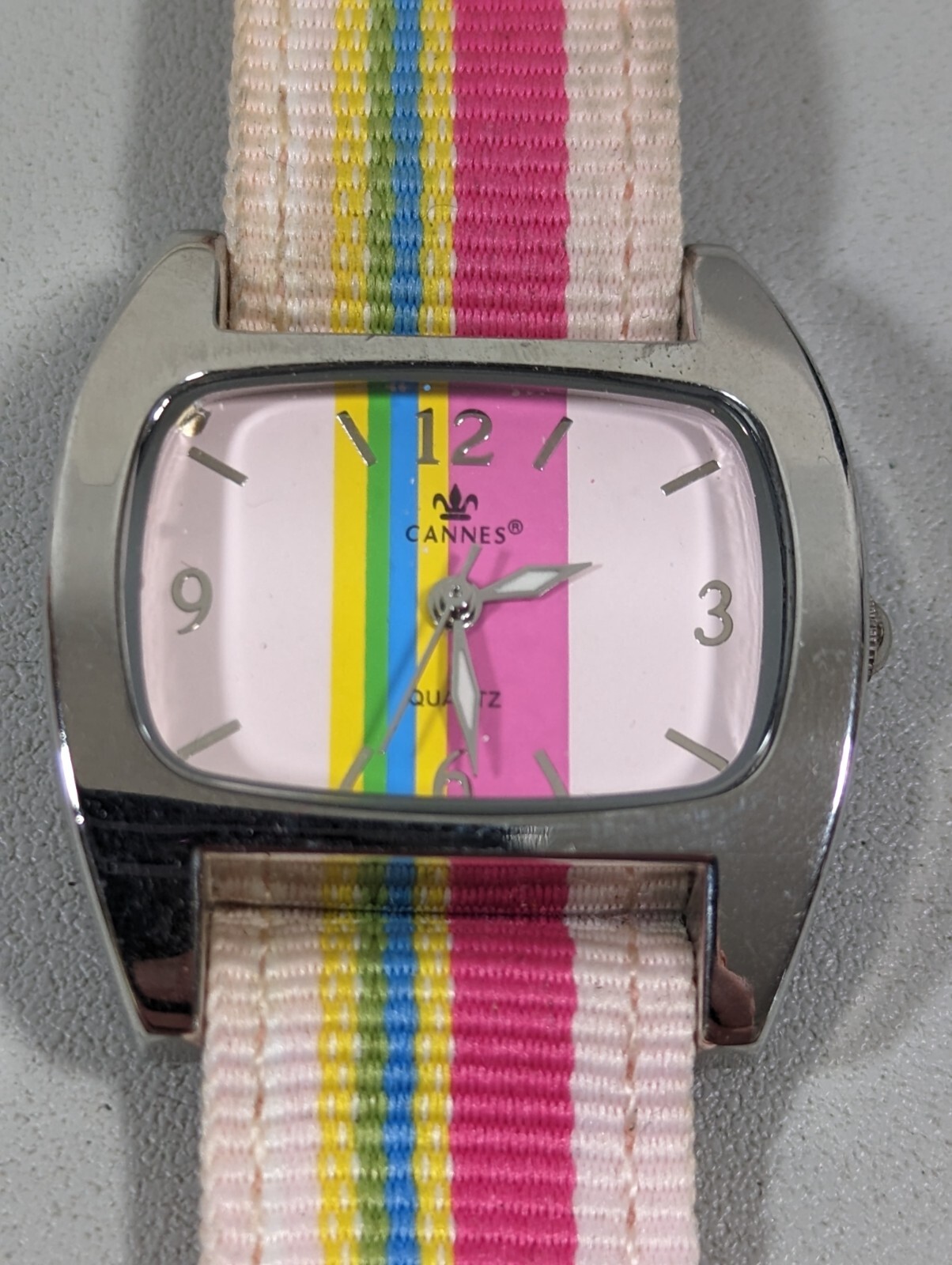 Pink Yellow Blue Green Dial Silver Tone Case Canvas Band Watch
