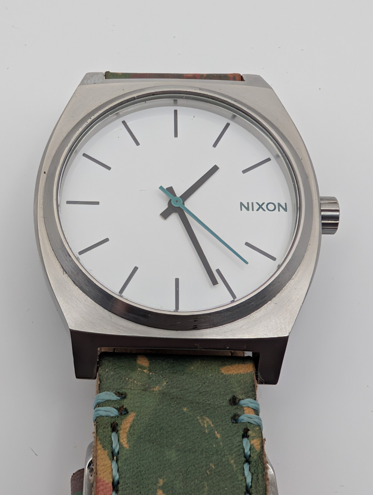 Nixon The Time Teller 16E Minimal White Dial Camo Leather Strap Watch