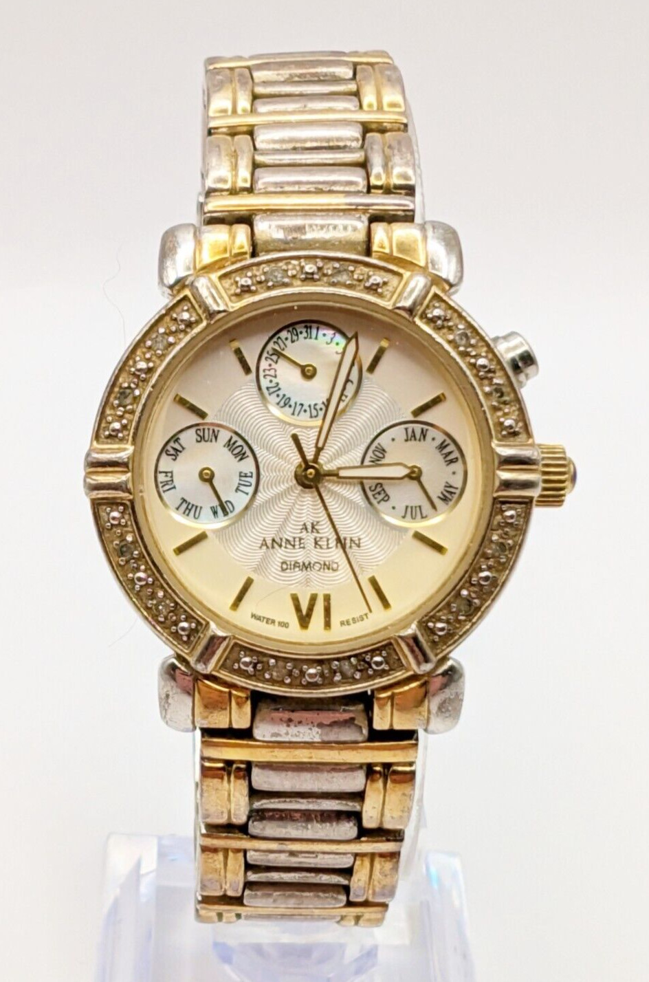 Anne Klein Diamond Two Tone Watch Keeps Time/Date/Day/Month WR 100ft New Battery