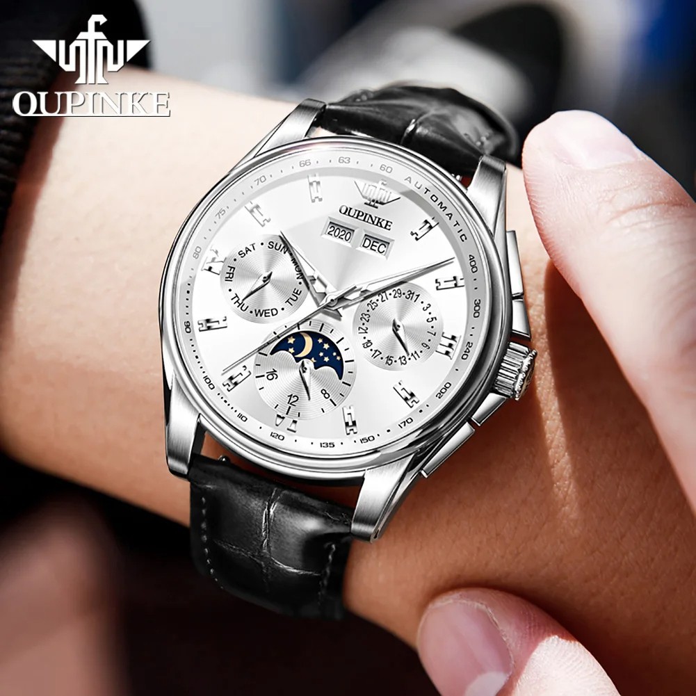 Automatic Mechanical Watch Waterproof Moon Phase Luxury Dial Men Men’s Strap