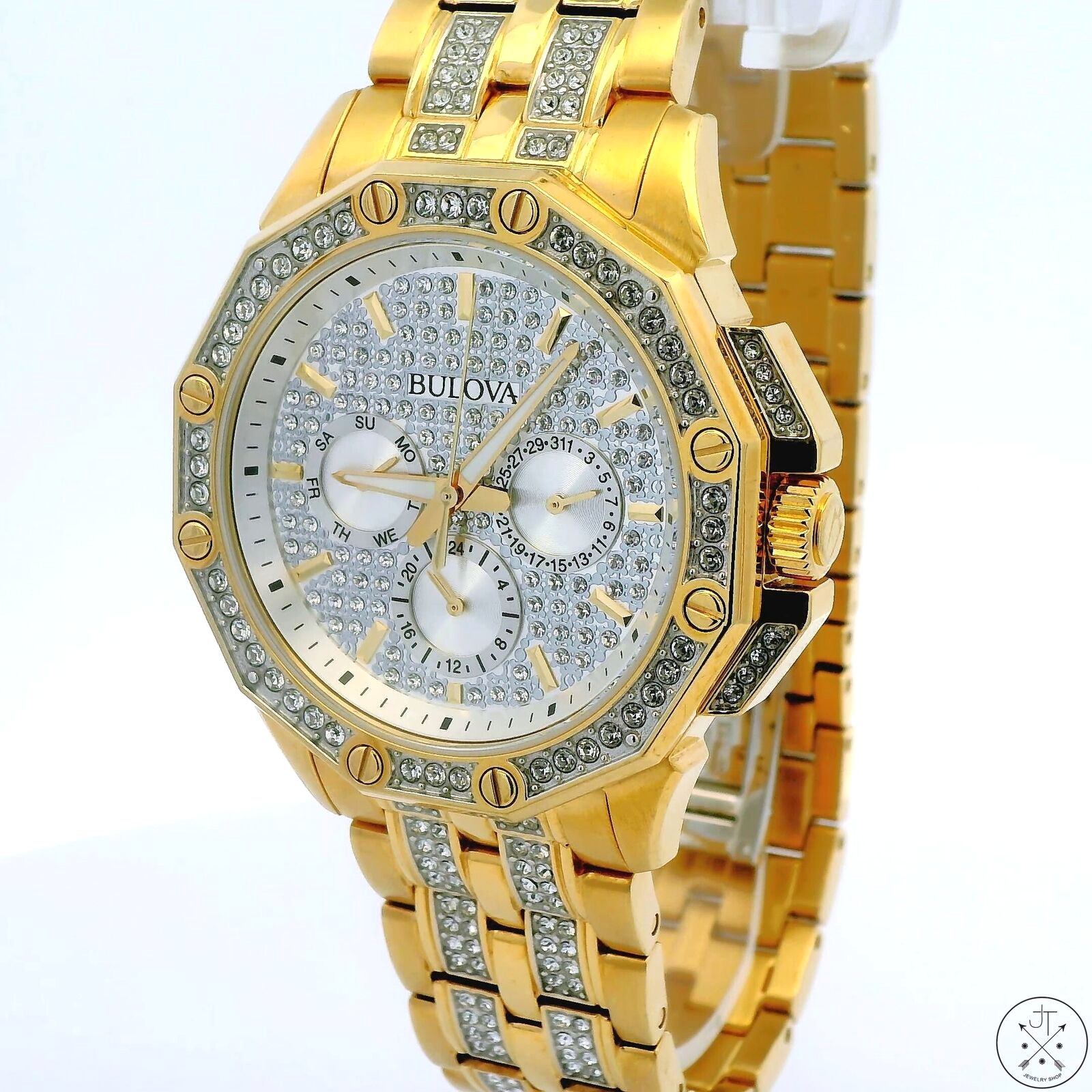 Bulova Octava 41 mm 98C126 Crystal Gold Tone Stainless Steel Quartz Watch Day
