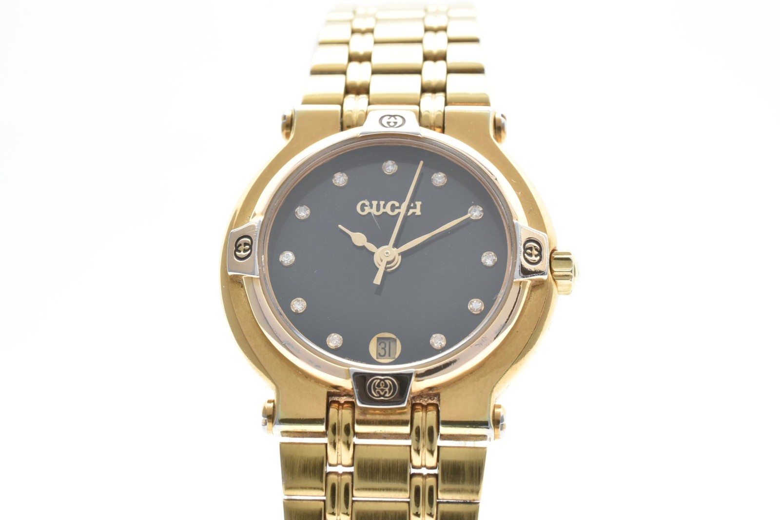 Vintage Exc GUCCI 9200L Gold Black Dial Diamond Quartz Date Women’s Watch Japan
