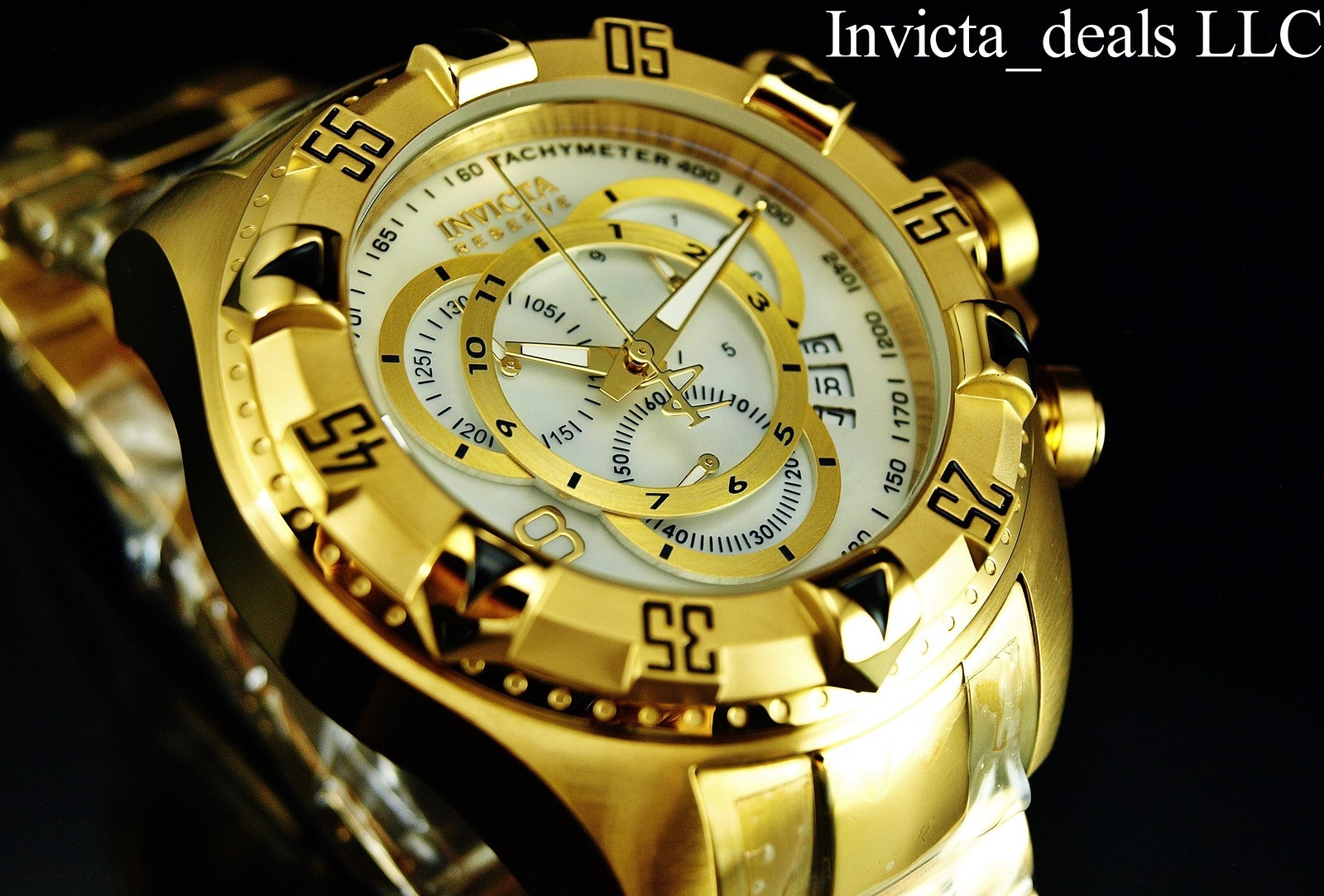 RareInvicta Men’s 52mm Reserve EXCURSION Swiss Chrono PLATINUM Dial Gold SS Watc