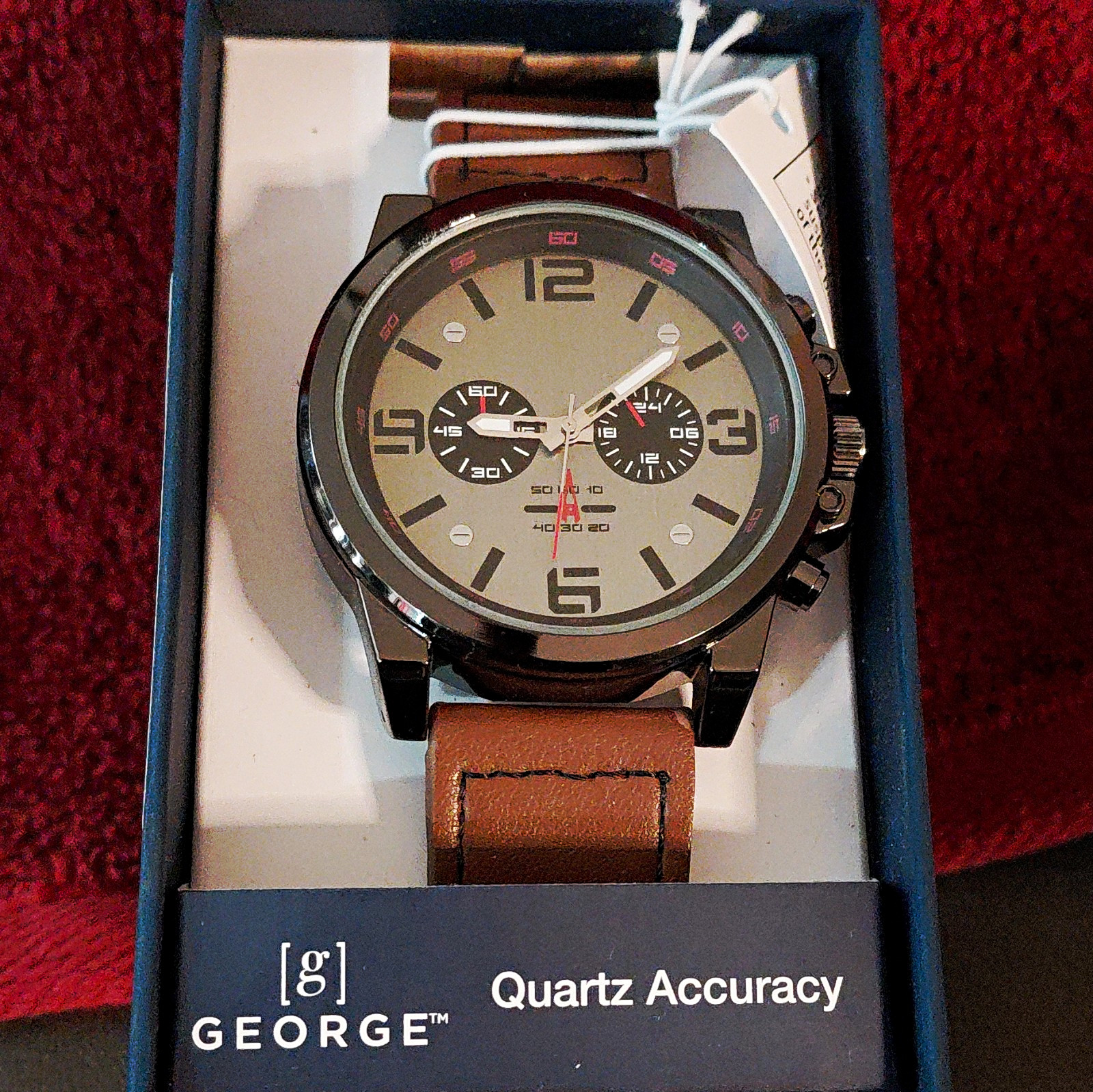 George Men’s Quartz Analog Watch Gray Dial Black Metal Case Brown Leather Box