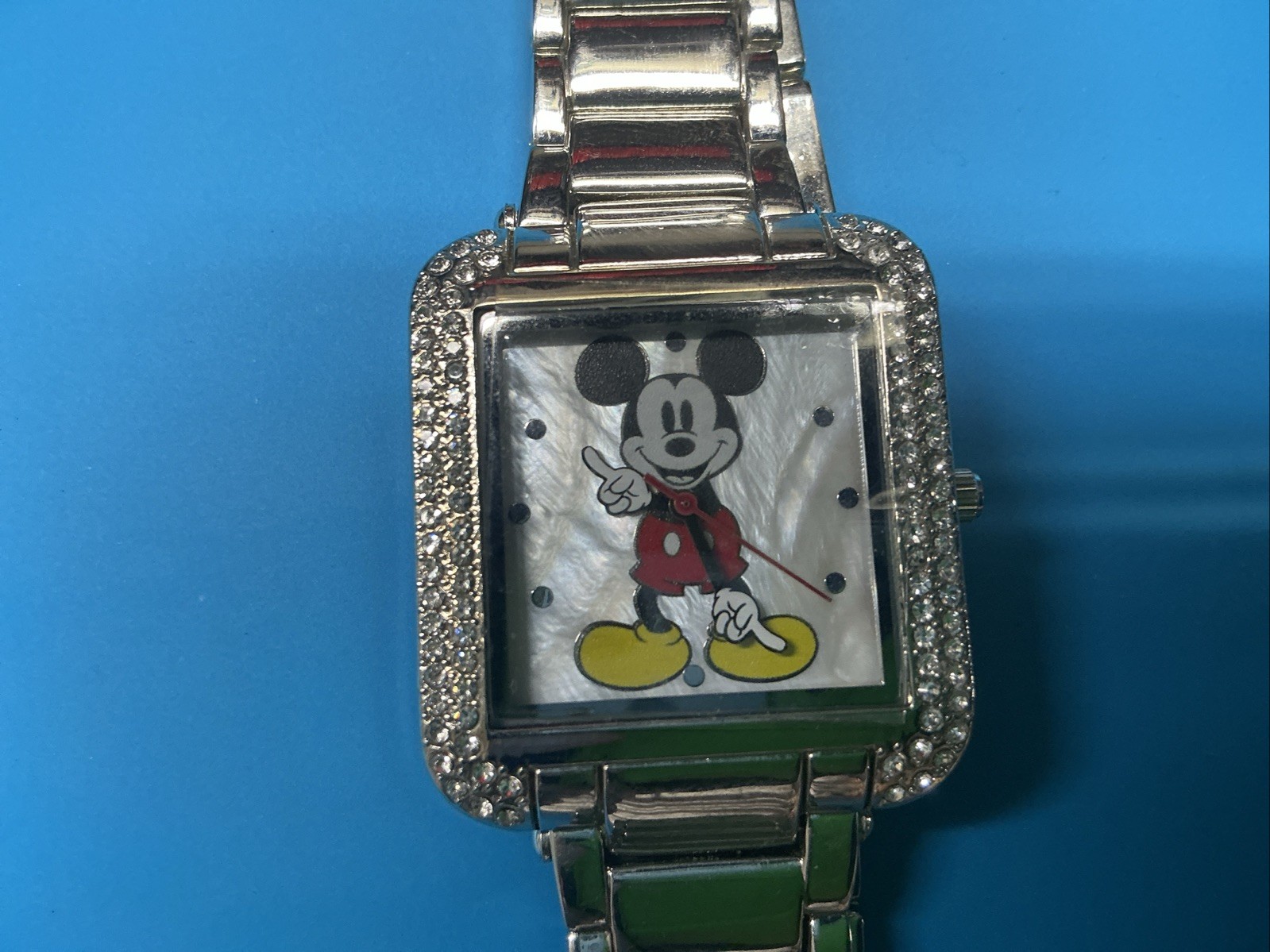 Disney Mickey Mouse Moving Hands Watch Square Rhinestone New Battery