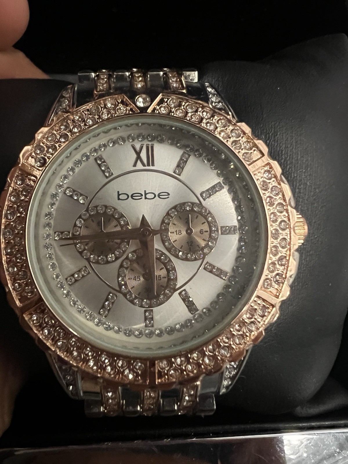 Bebe Rose Gold Silver Tone Crystal Bezel Dial Quartz Analog Ladies Watch NIB