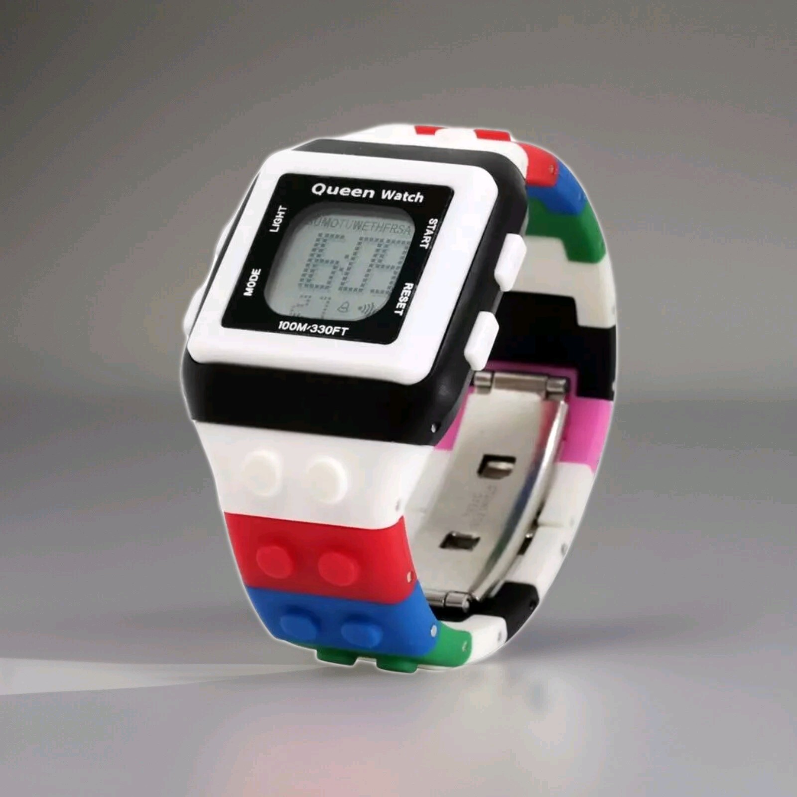 Queen Watch Multicolor Stripes Quartz LCD Display Scrolling WR100mt