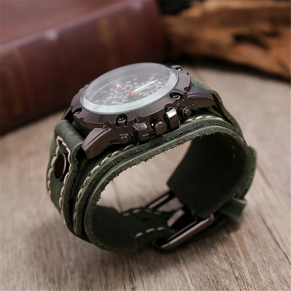 Black Brown Blue Men Pointer Quartz Watch Genuine Leather Strap Bracelet Vintage