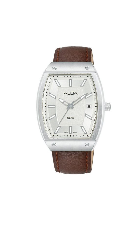 Alba By Seiko Tonneau Quartz Silver Dial Brown Leather Men’s Watch AG8N23X1