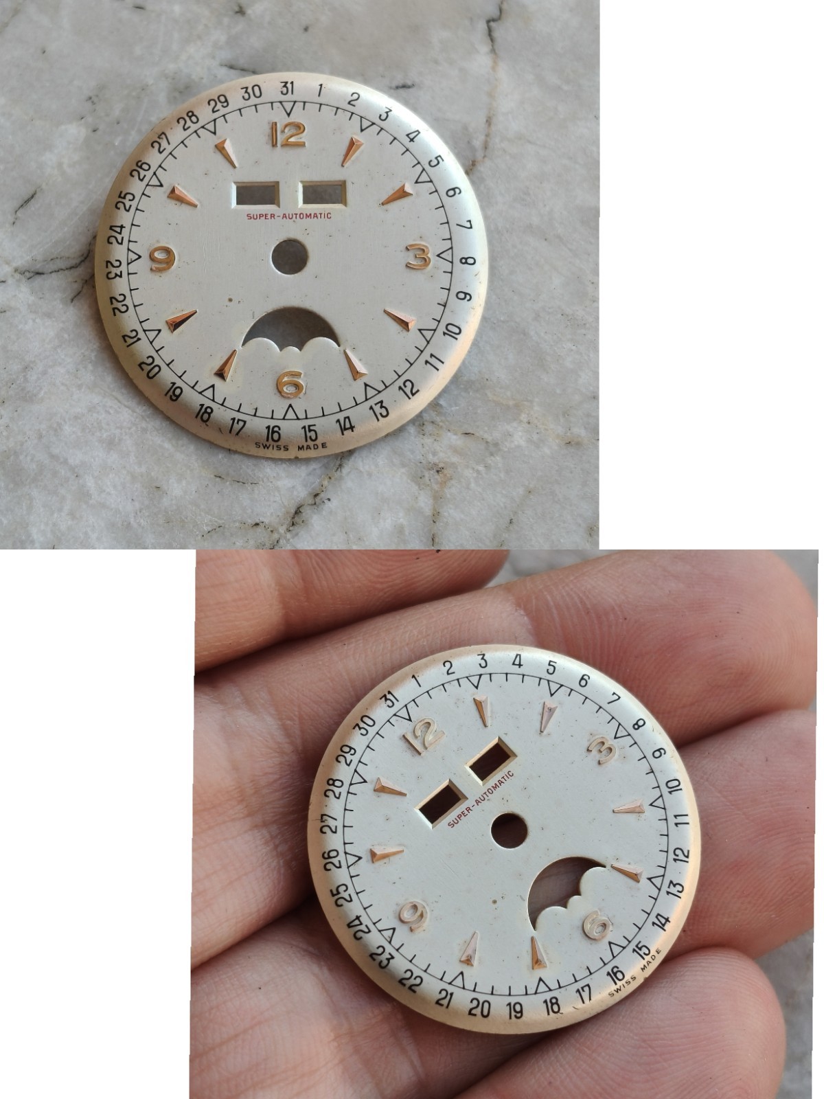 40/50s ANONYMOUS AUTOMATIC TRIPLE DATE-MOON PHASE ORIGINAL WATCH DIAL WATCHES 29.8mm