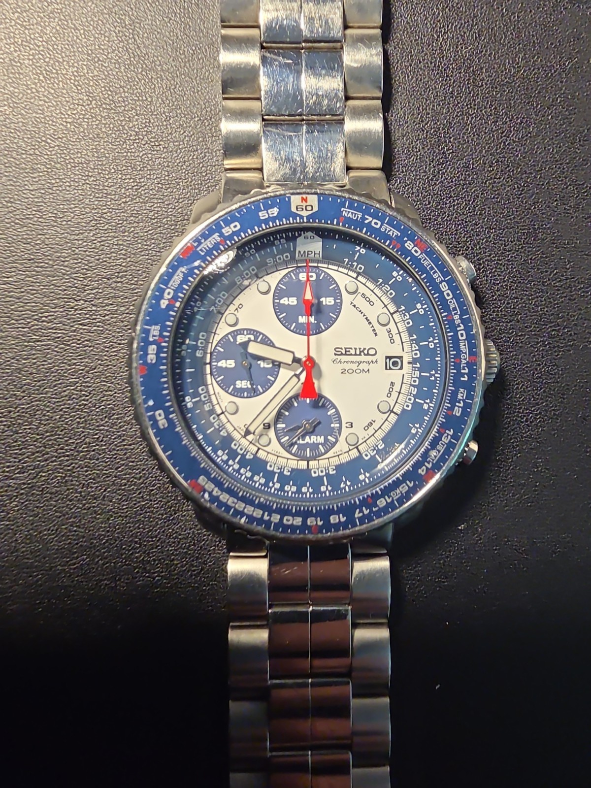 Seiko Flightmaster SNA413 Blue Panda Chronograph 7T62-0EB0 Pilot Watch 200M Rare
