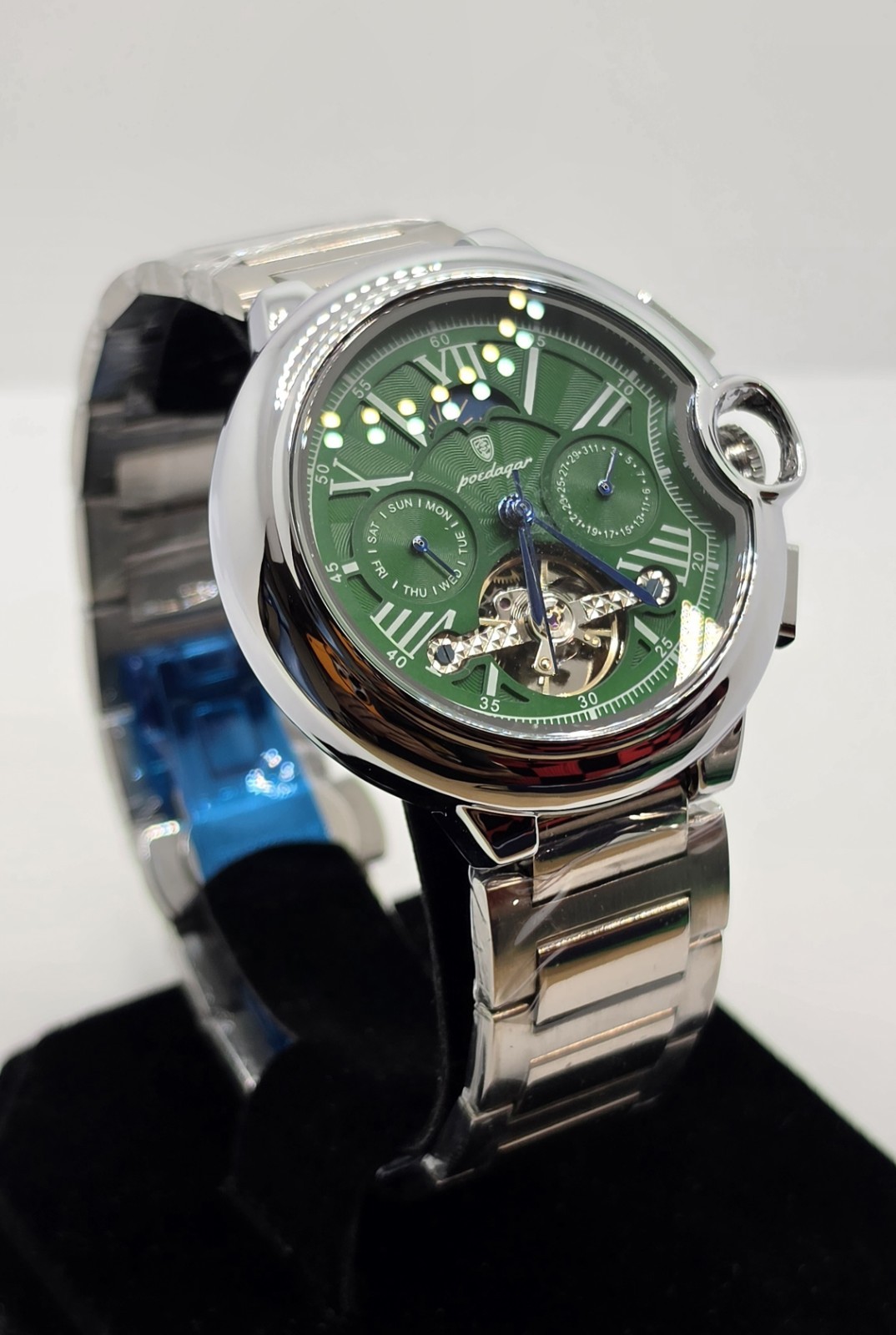 Poedagar Automatic Mechanical Open Heart Green Dial Men’s Watch 48mm New w/ Box