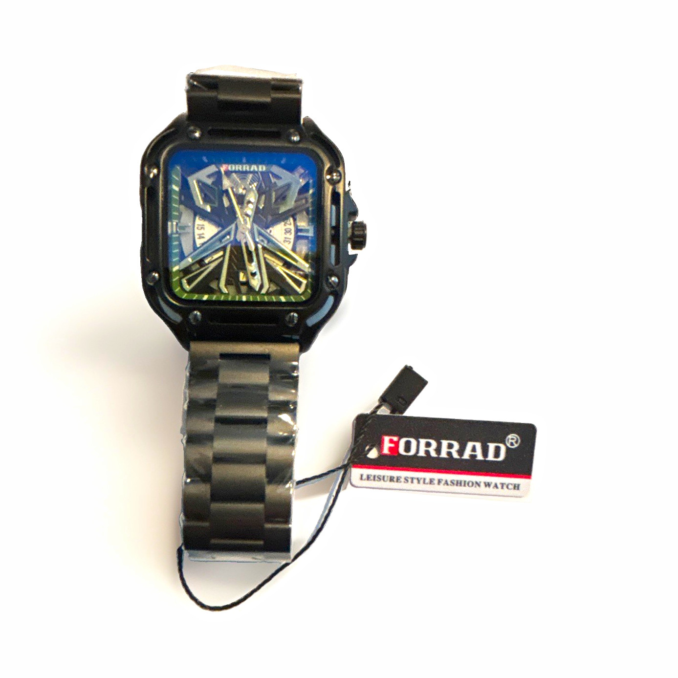 FORRAD Men’s Quartz Analog Square Watch Black Metal Bracelet Blue Dial