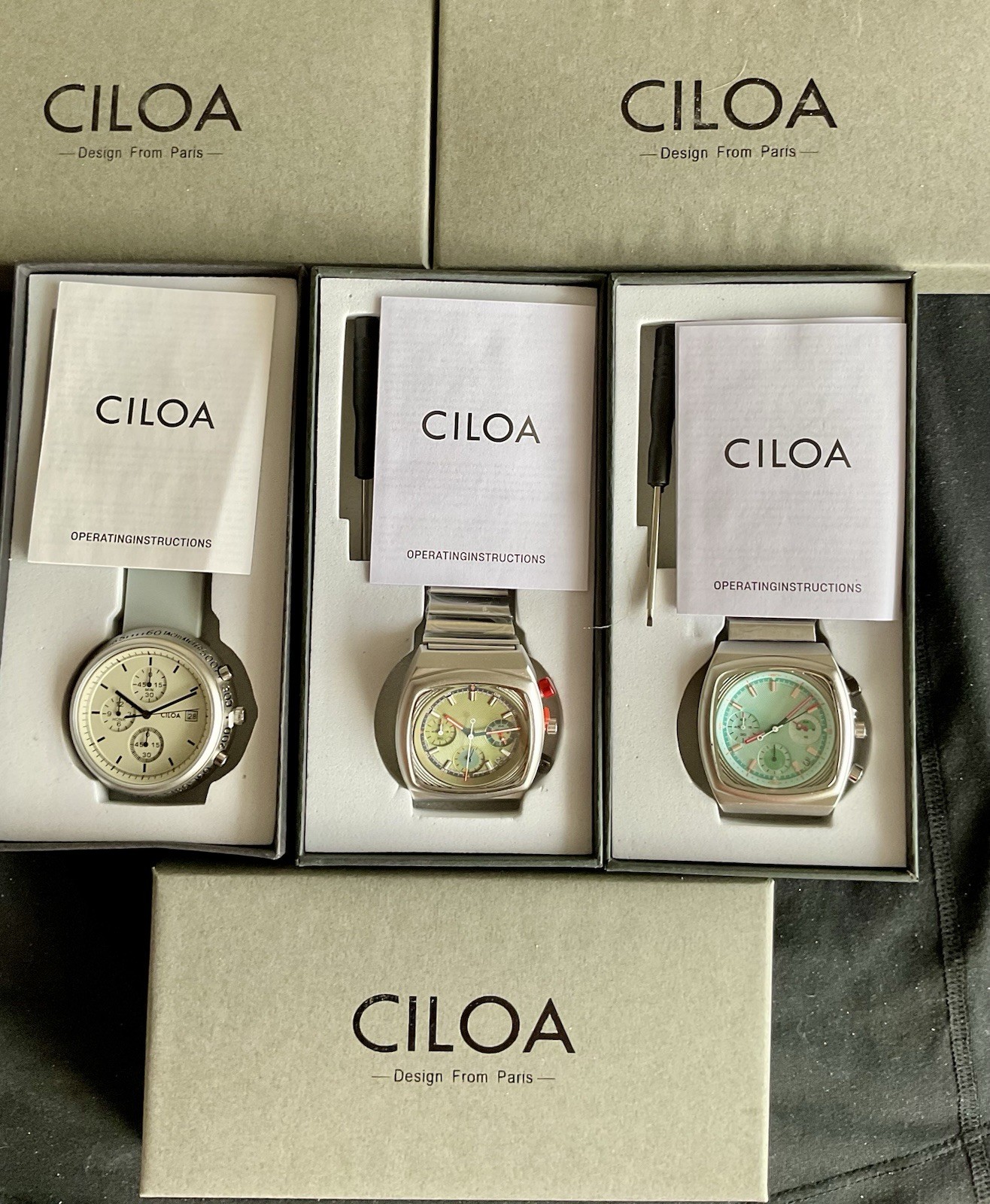 Three NIB Bright Colorful Ciloa Multifunction Chronographs