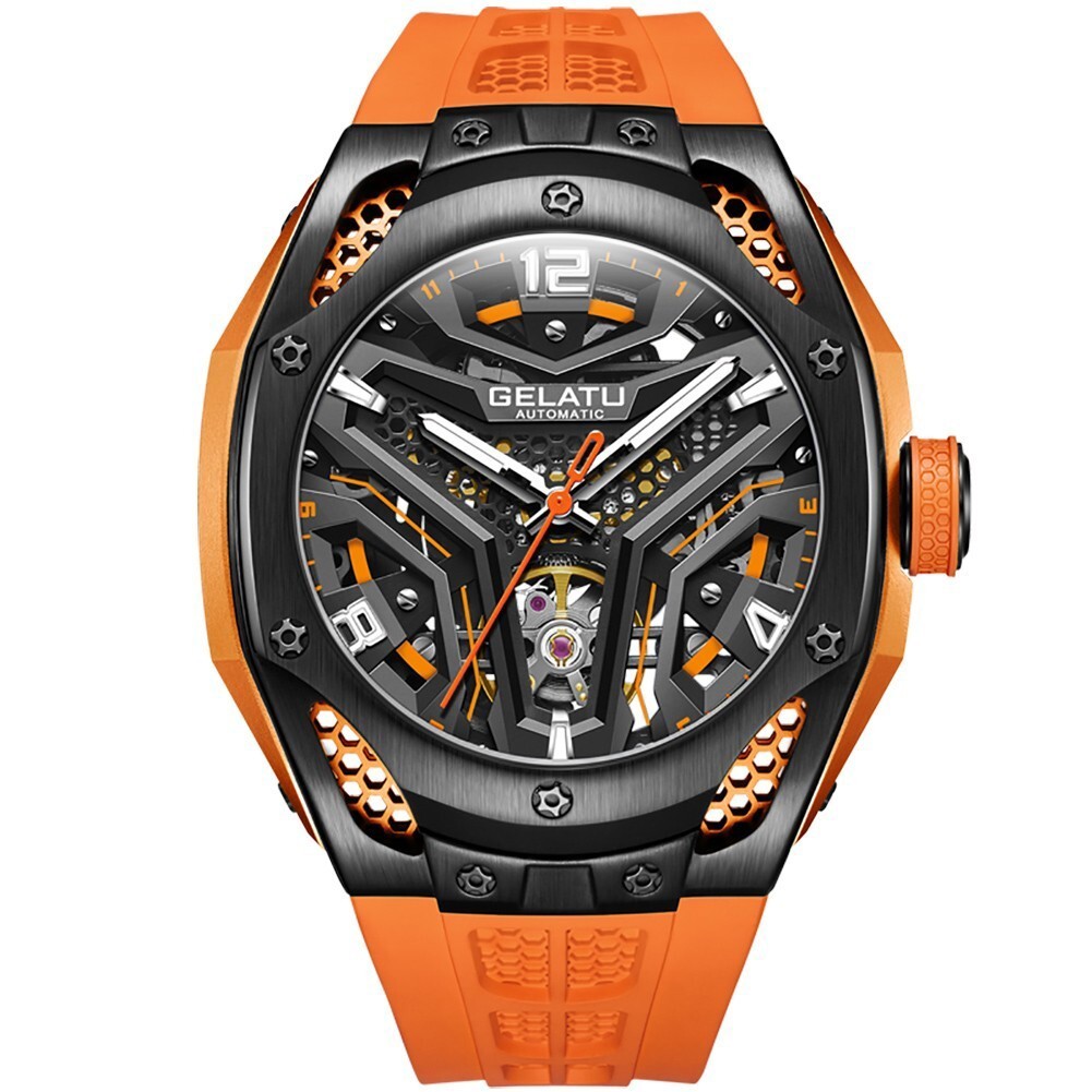 GELATU Men’s Skeleton Sport Automatic Mechanical Watch 5ATM Luminous Wristwatch