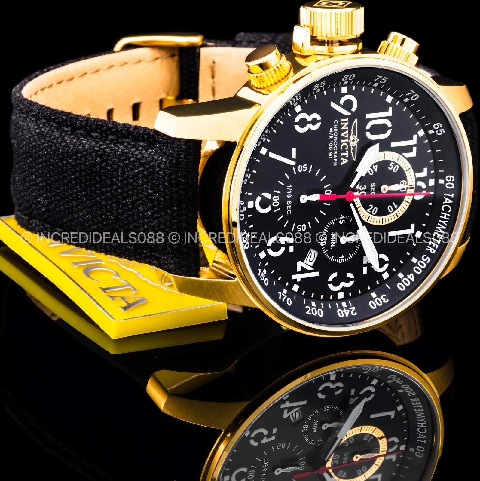 Invicta Men I FORCE LEFTY Chronograph GOLD BLACK Dial Nylon Strap 46mm Watch