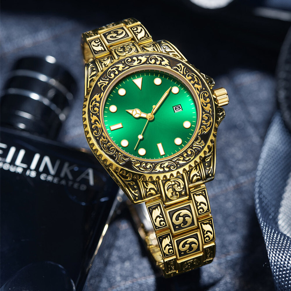 Classic Retro Luxury Carved Wrist Watch Fashion Mens Date Analog Quartz Watches