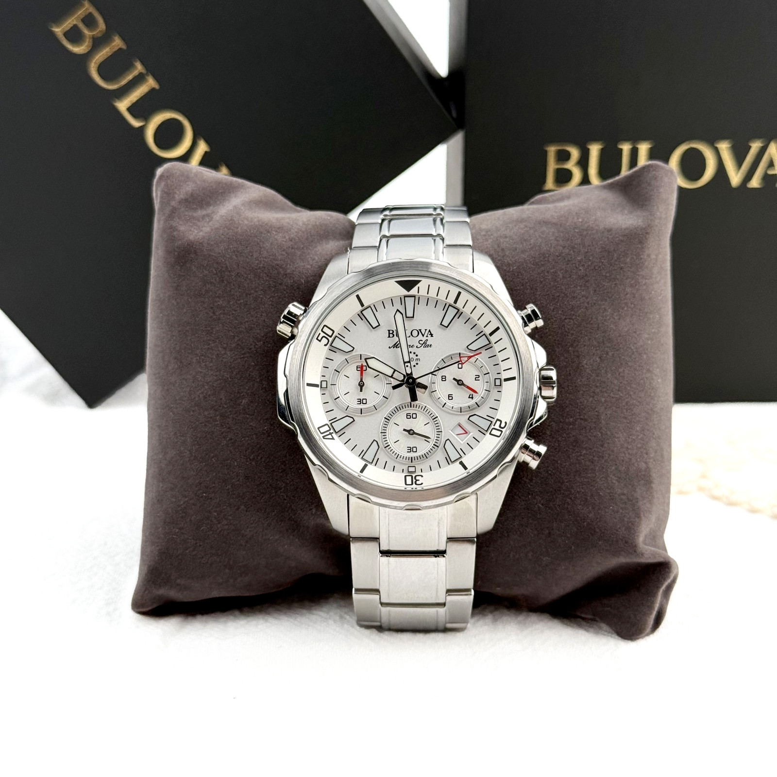 Bulova Marine Star Chronograph White Dial Stainless Men’s Quartz Watch 96B255