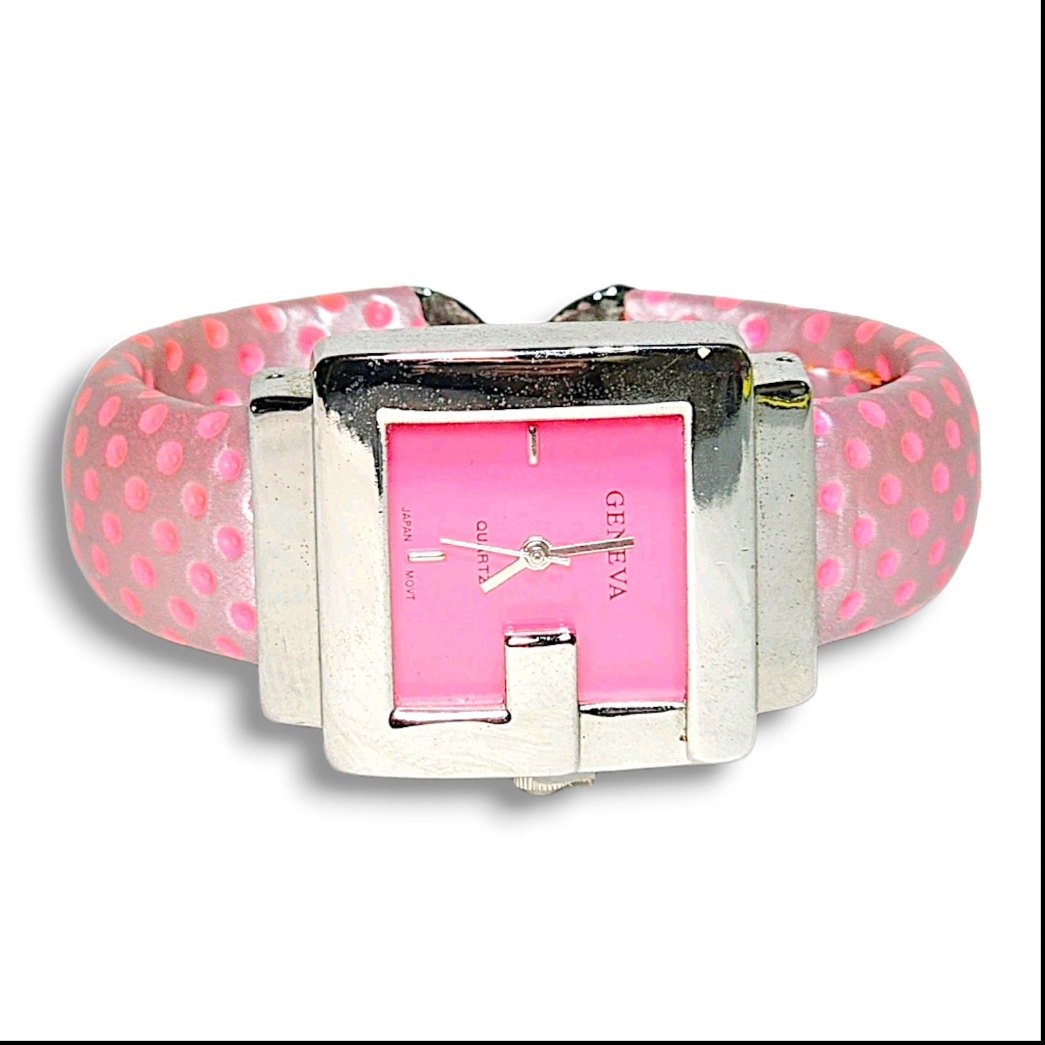 Geneva Bangle Watch Pink Polka Dot Quartz G Shape Bezel Vintage 2000s Retro