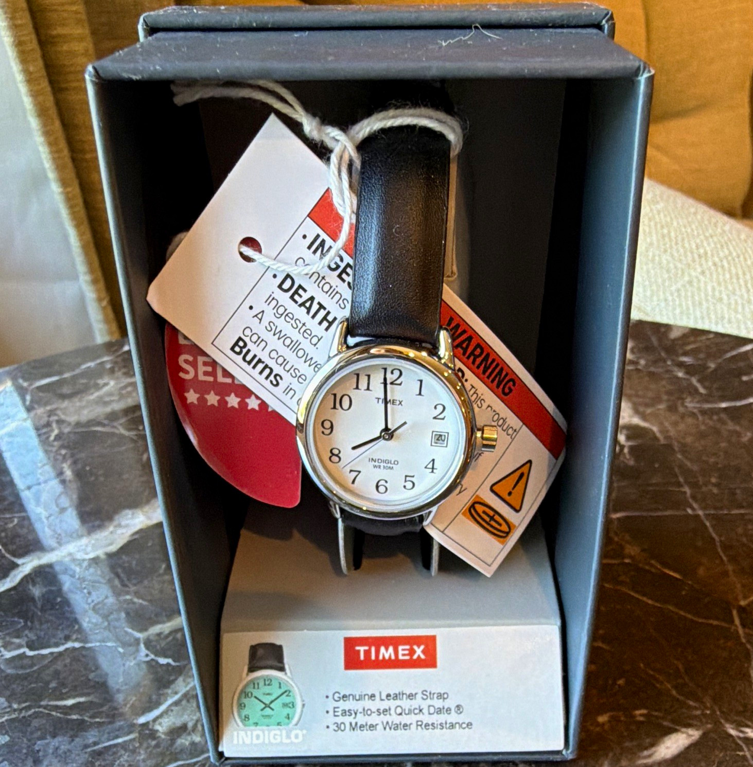 Timex Time Center Indiglo Quartz Date 30m White Dial Black Leather Strap w/ Box