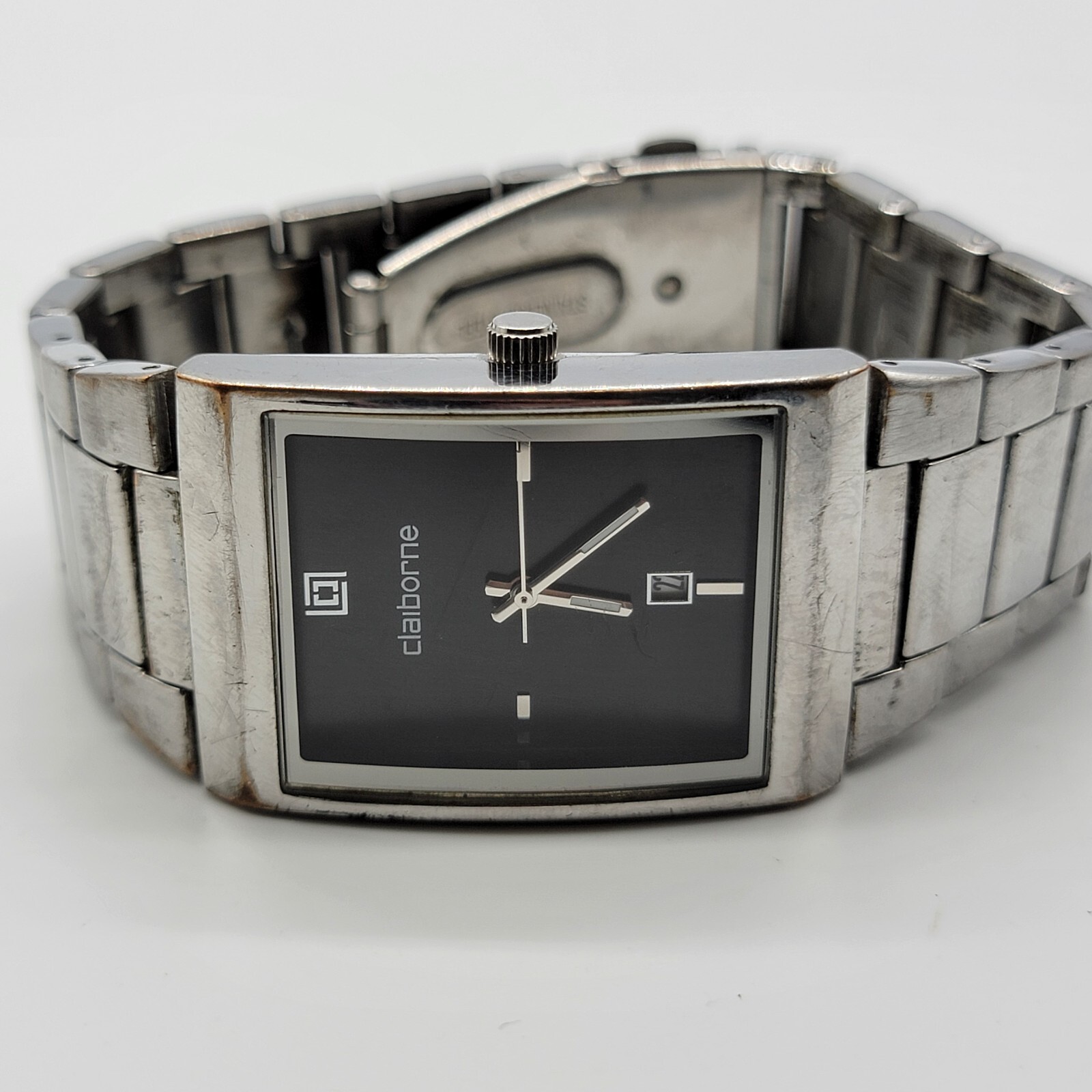 Claiborne Men Watch 30mm Rectangle Dial Date Indicator Silver Tone Band , Runs *