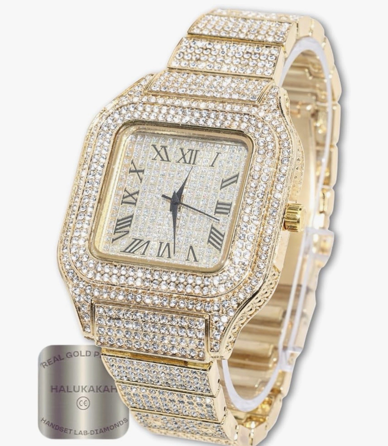 HALUKAKAH 18K Gold Plated Iced Watch Lab Diamond Roman Numeral Square Face W Box