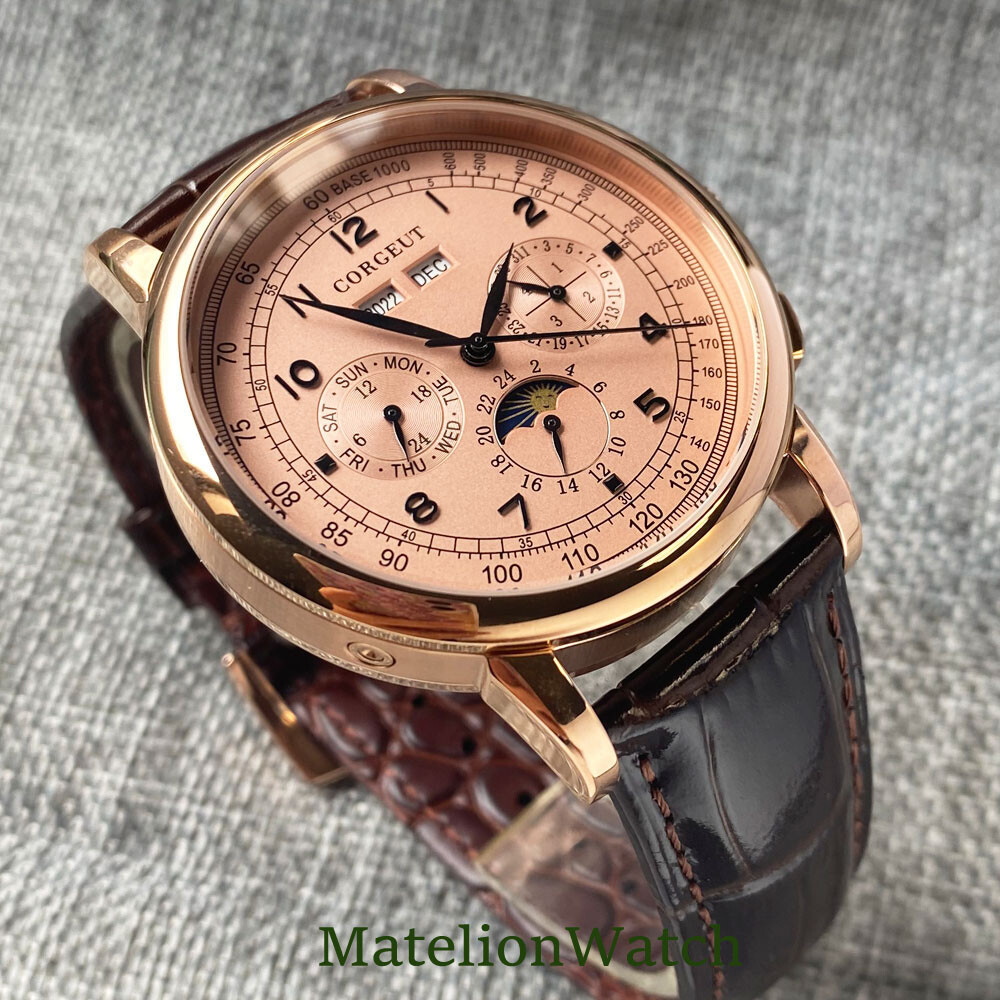 Corgeut 42mm Silver/Rose Gold Automatic Mens Watch Day Date Month Year Day/Night