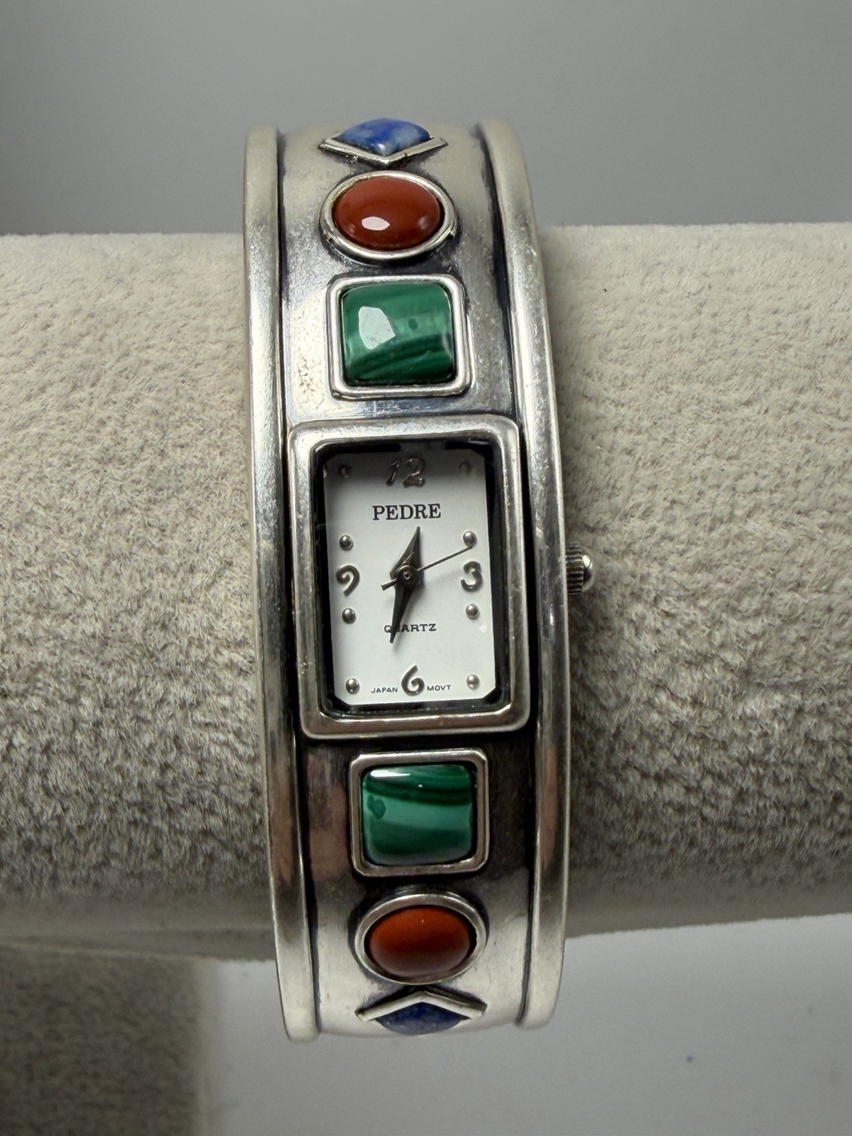 Pedre Ladies Watch Silver Tone Red Blue Green Stone Cuff New Battery 6.25″