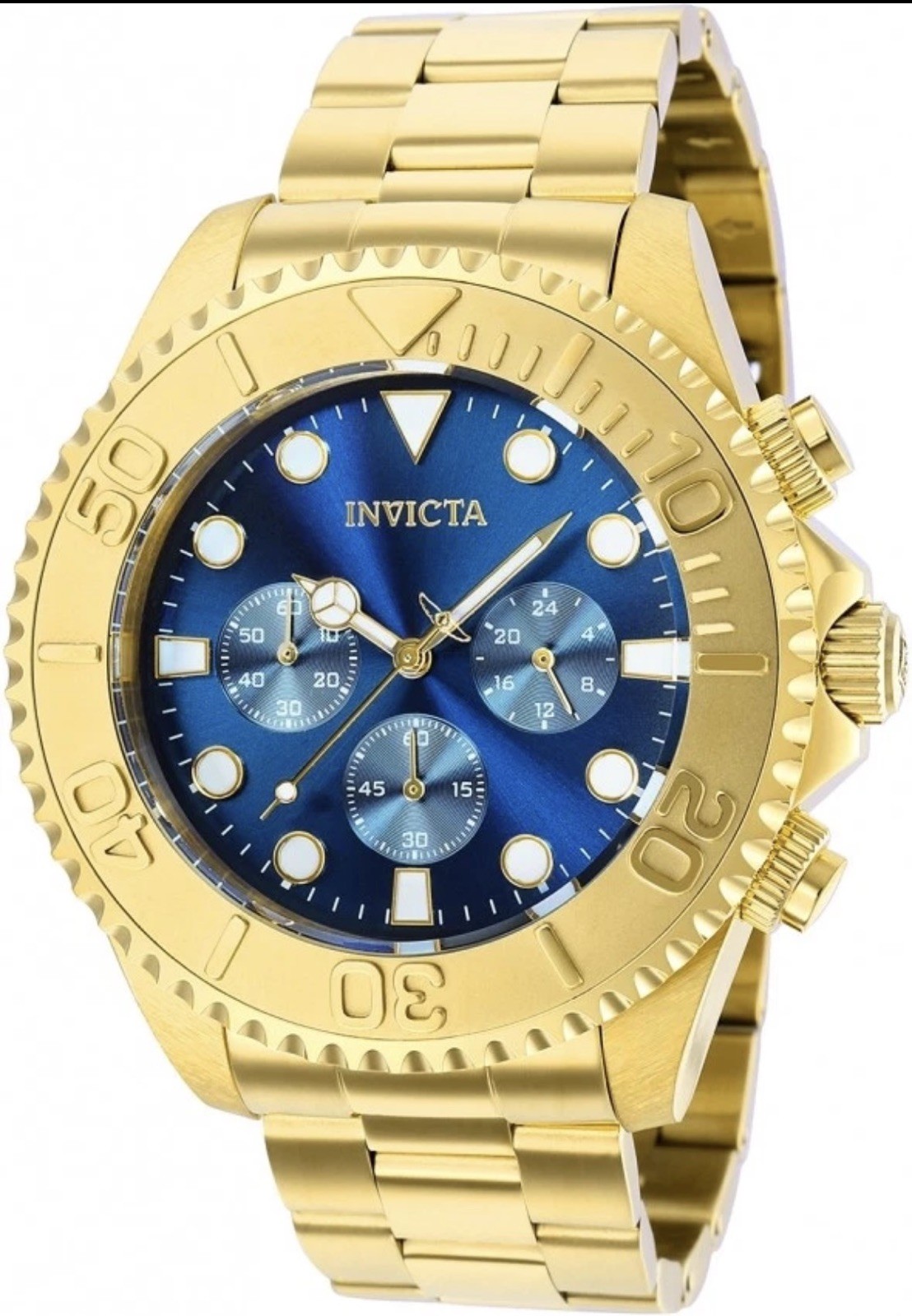 Invicta Pro Diver Quartz Chronograph Blue Dial Gold Tone Steel Bracelet w/Box