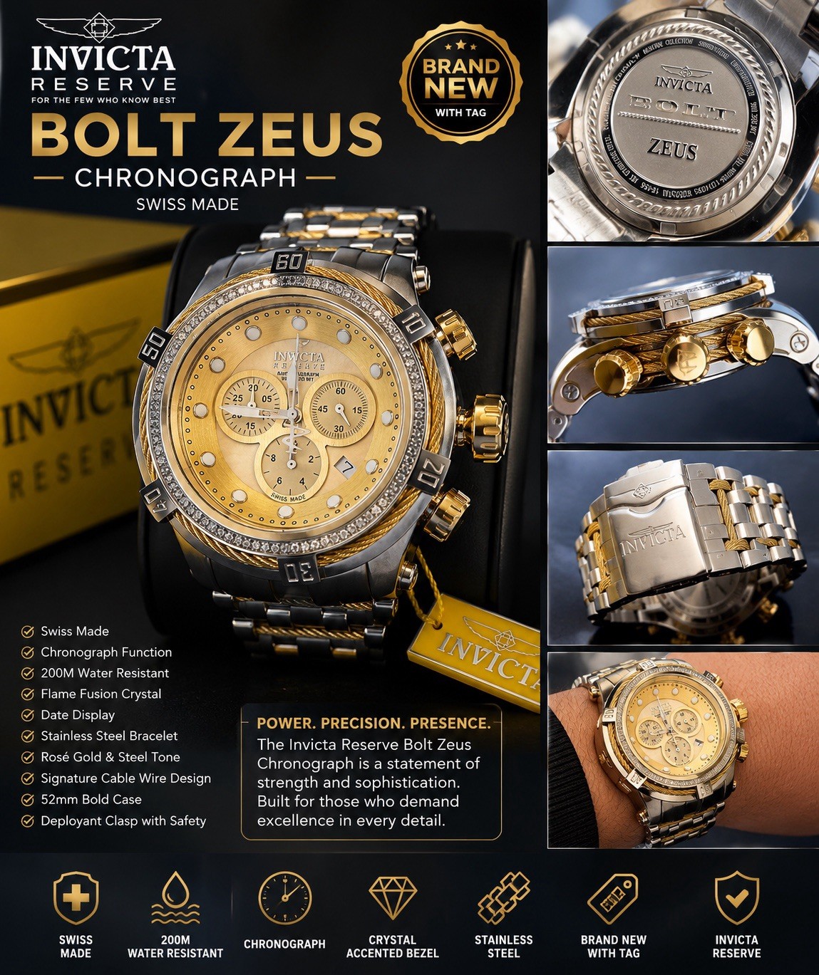 Invicta Men’s Quartz Reserve Bolt Zeus Two-Tone Gold Dial Chrono Date 52mm
