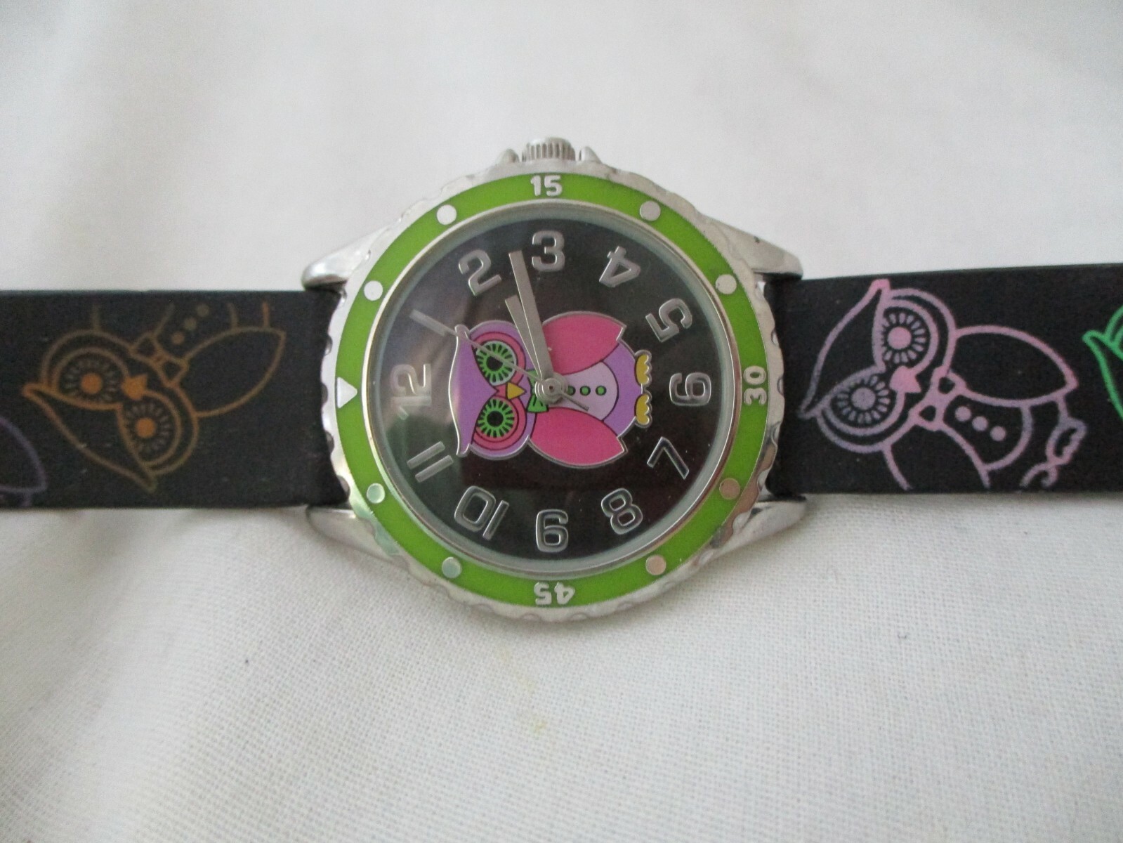 Owl Watch Black Buckle Band Silver Toned Colorful Pink Green Purple Orange Etc.