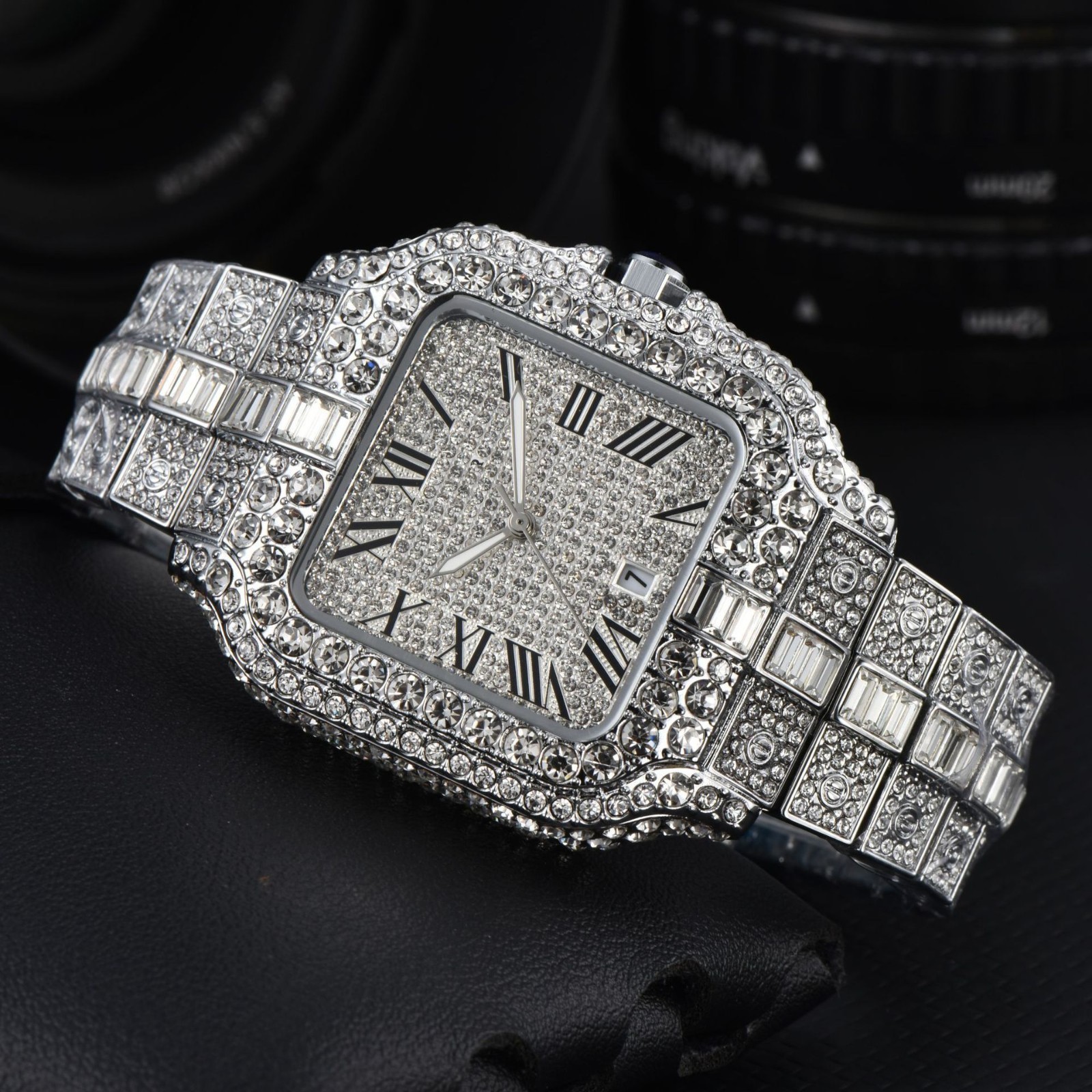 Hip Hop Luxury Ice out Men’s Watch Iced King Bling Silver Square Cz Diamond Date