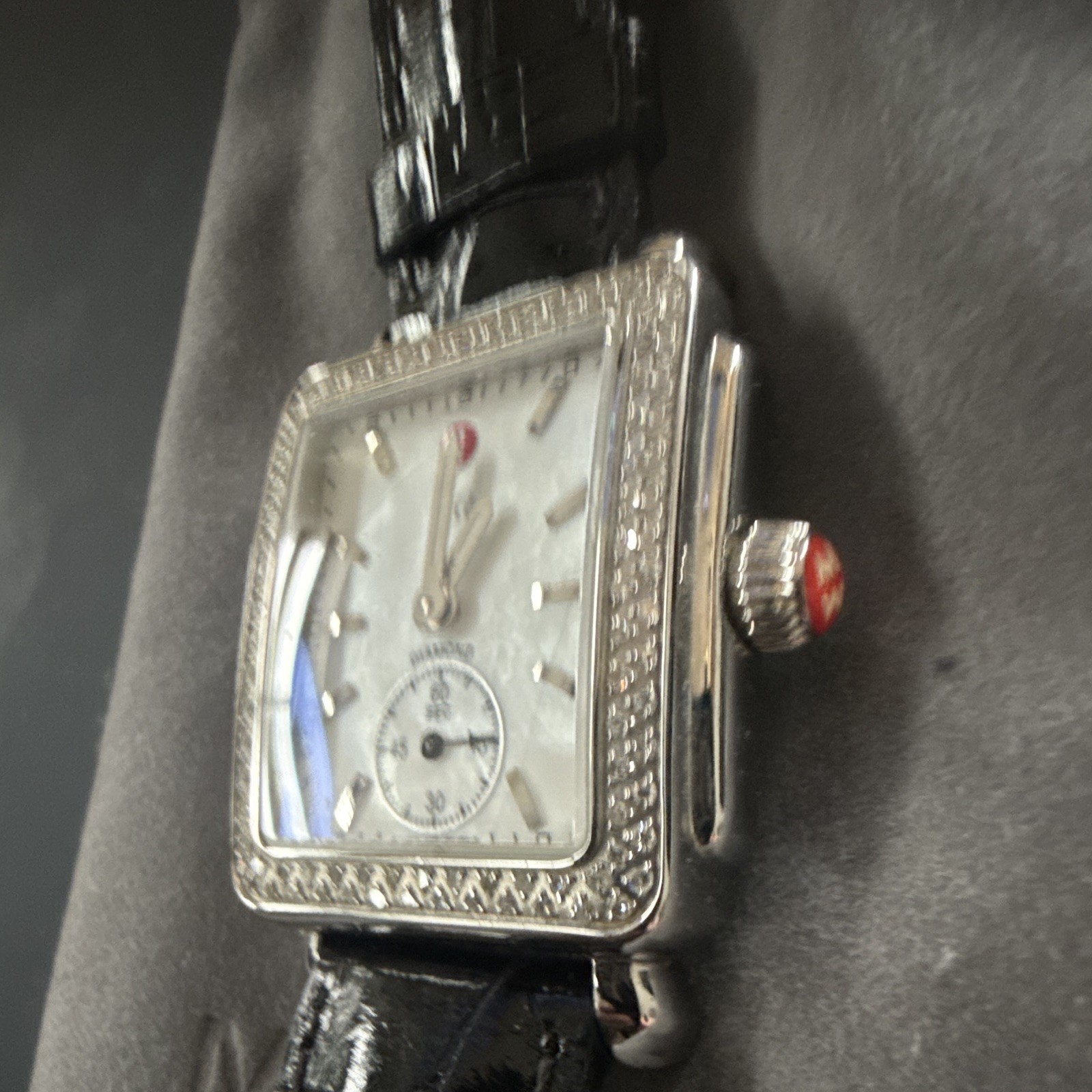 MICHELE Deco Diamond Bezel Quartz Rectangle 33mm White Dial Black/White Straps