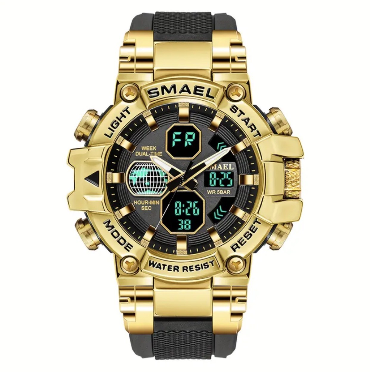 SMAEL Gold Men’S Sport Watch Alloy Case, TPU Strap, Dual Display, Luminous