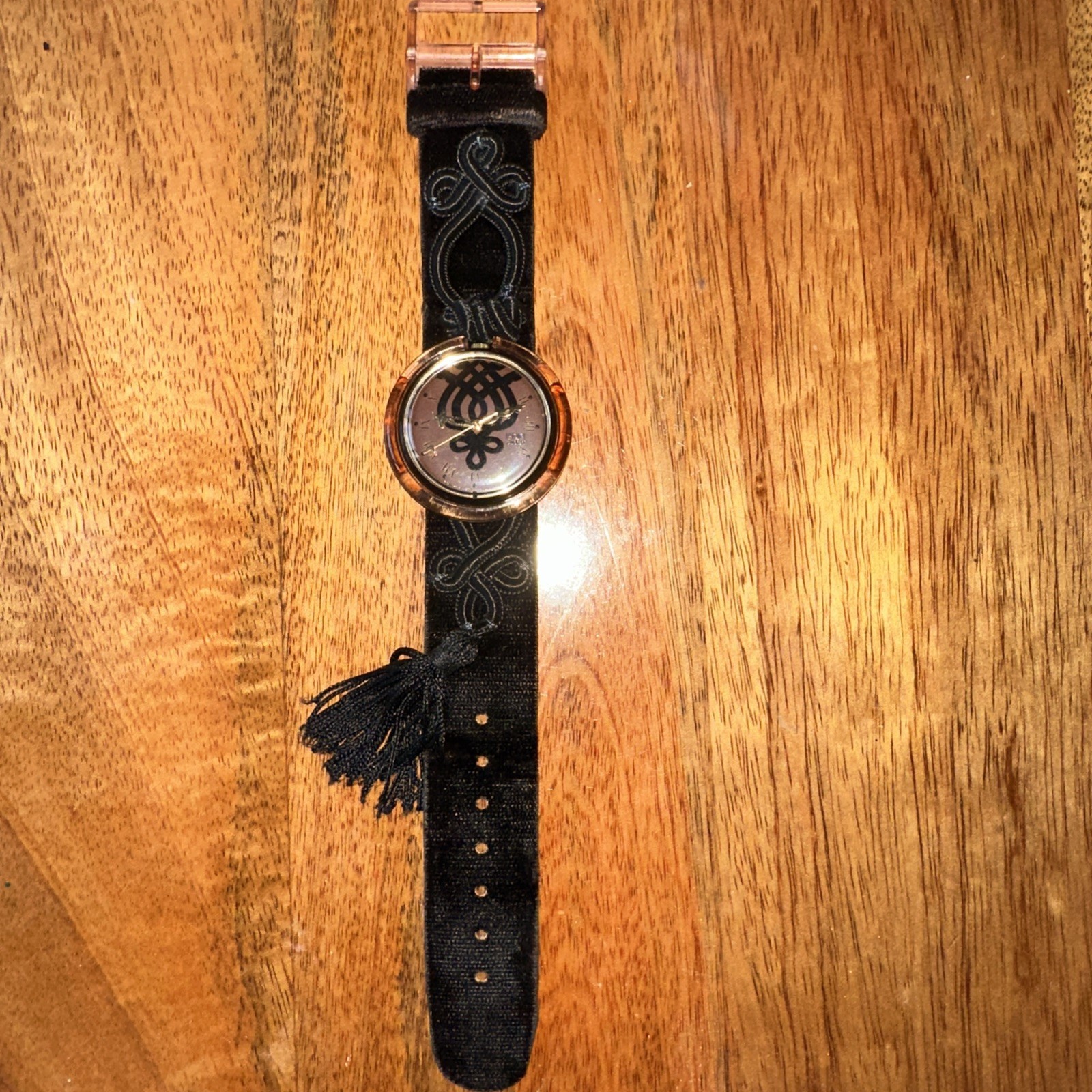 1995 Swatch Pop Smooth Velvet PMB102 Midi Rose Dial Black Velvet Strap Watch