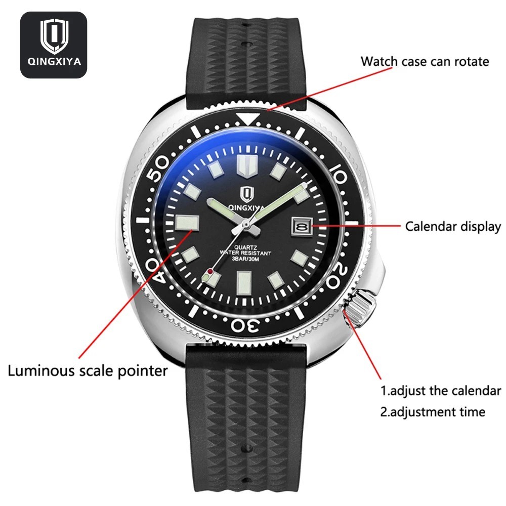 Quartz Men’s Watch 44MM QINGXIYA Tuna Silicone 30M Waterproof Date Luminous