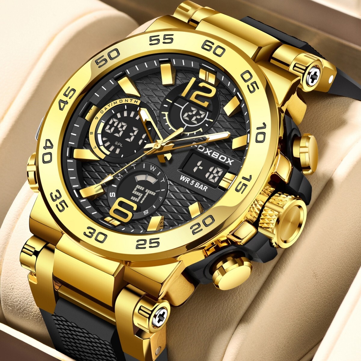 LIGE FOXBOX Men Watch Quartz Digital & Analog 5ATM Waterproof Sport Wristwatches